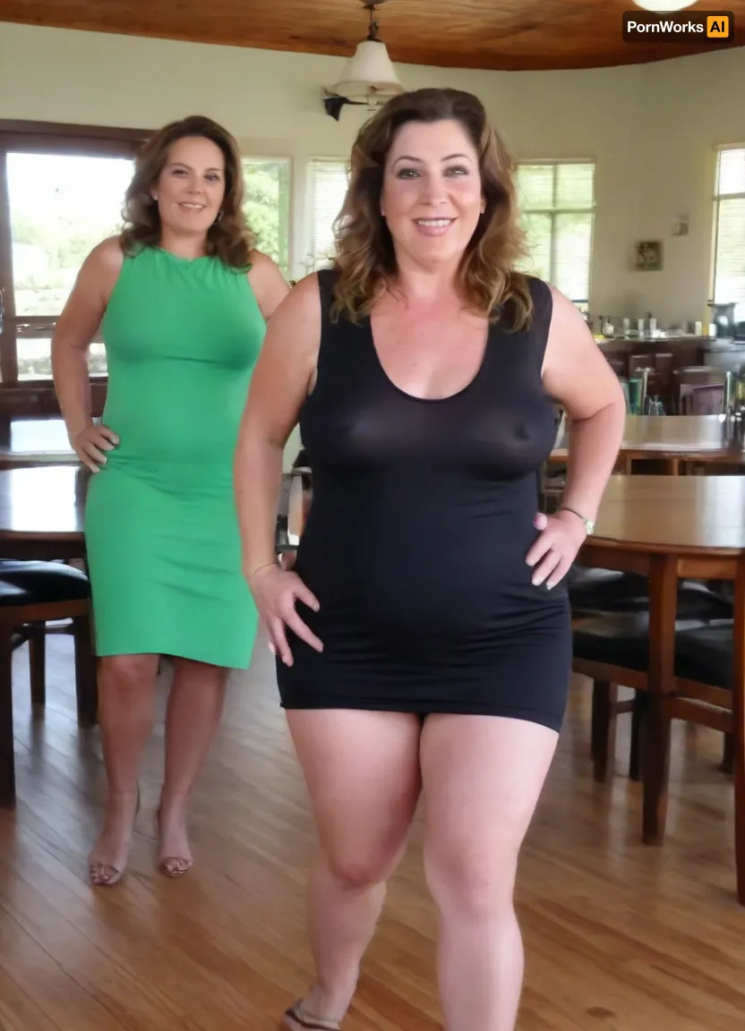 Sunny summer day, bright sunny day, The chubby milf 60 is dancing, stark naked body, chubby milf, transparent sleeveless black dress, medium very saggy tits, no panties, plump hairy pubis, brown hair with highlights, long hair, green eyes, happy smile, nip slip, (high quality:2), ((two fully dressed women at table in background)), SaggySlimXL, bottomheavy, big, ass, huge, gigantic, thick, thighs, massive, braless, Wearing, clothes, that, make, sense, with, Braless>, <lora:updated_saggy_slim:.5>, <lora:clothed_small:.5>, <lora:bottomheavy_v1_sdxl_tags:.8>, <lora:bralessSDXL_v1_00022:.8>
