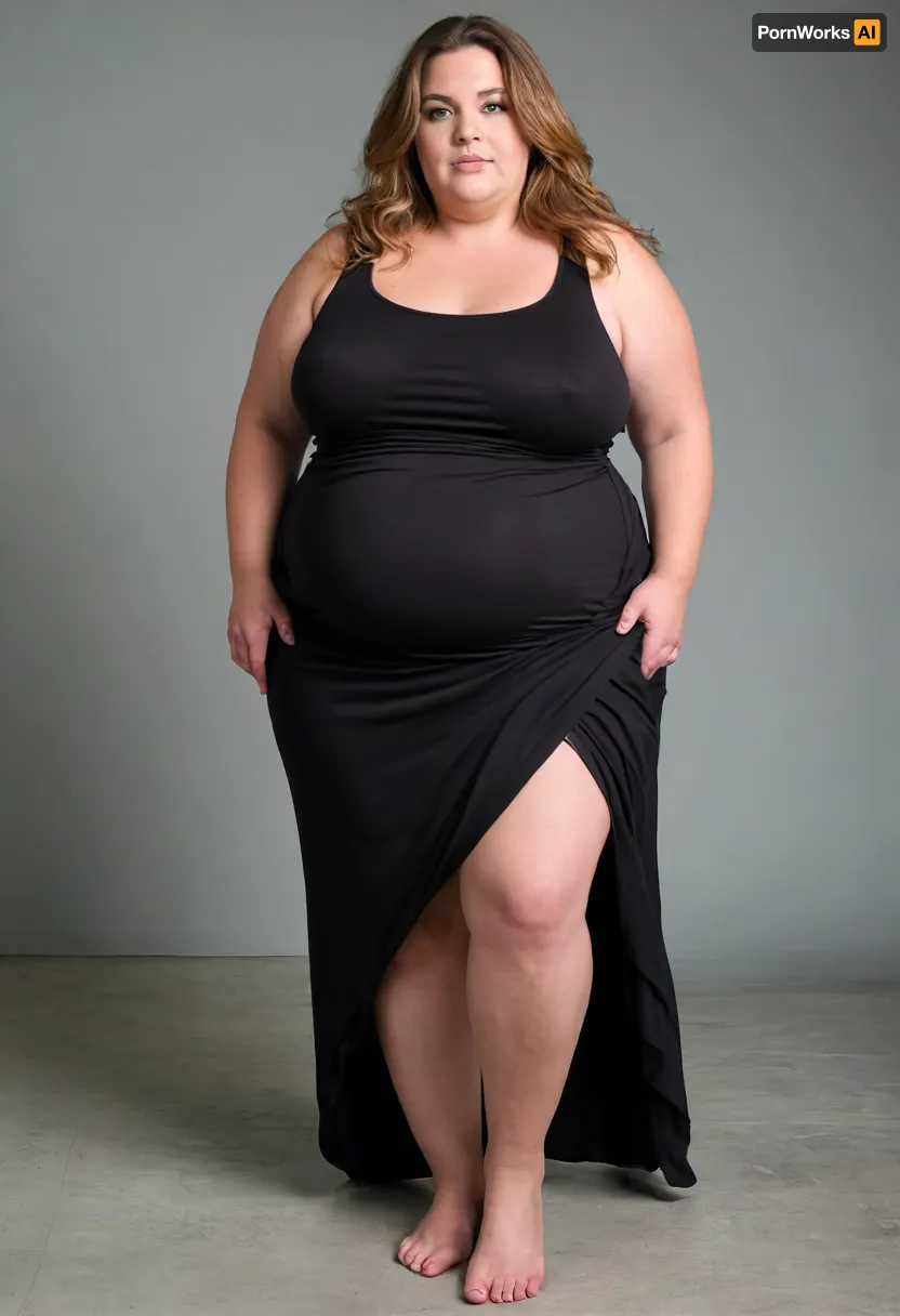 45° sideview, (obese:1.3), Full body shot, 50 year old woman, looking at viewer, eye contact, black thin maxidress, ssbbw, chubby, wide hips, curvy, large floppy breasts, sagging breasts, deflated breasts, tan lines, long hair, light brown hair with highlights, layered haircut, upturned nose, bottomheavy, big, ass, huge, gigantic, thick, thighs, massive, braless, Wearing, clothes, that, make, sense, with, Braless>, <lora:clothed_small:.2>, <lora:bottomheavy_v1_sdxl_tags:.8>, <lora:bralessSDXL_v1_00022:.5>