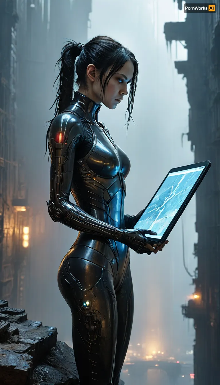 masterpiece, best quality, 8k, Tsutomu Nihei Blame! Manga style, dystopian industrial planet, a woman in a glossy black skin-tight suit, standing on the ledge of a gargantuan vertical rock wall, working with tablet, (face close-up:1.5), athletic physique, (she is holding a holographic tablet with planet map:1.4), abandoned, ruined alien megastructures, vast industrial abyss deep below shrouded in mist, countless pipes and machinery visible far down in the haze, steam rising from ruptures, piercing searchlights, strong backlighting creating a sharp black silhouette against the glow, immense scale, empty decaying industrial megastructure, cinematic, dramatic, atmospheric, style of Blade Runner 2049, volumetric light, haze, giger, tribals, sigilism, <lora:v4_CYBERGOTHIC:.8>, <lora:Industrial_Sci_Fi_SDXL_1.0:1.1>, <lora:MJ52:.8>