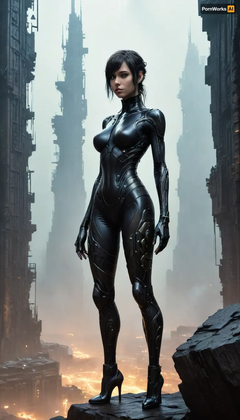 masterpiece, best quality, 8k, Tsutomu Nihei Blame! Manga style, dystopian industrial planet, a woman in a glossy black skin-tight suit, standing on the ledge of a gargantuan vertical rock wall, working with tablet, (face close-up:1.5), athletic physique, (she is holding a holographic tablet with planet map), abandoned, ruined alien megastructures, vast industrial abyss deep below shrouded in mist, countless pipes and machinery visible far down in the haze, steam rising from ruptures, piercing searchlights, strong backlighting creating a sharp black silhouette against the glow, immense scale, empty decaying industrial megastructure, cinematic, dramatic, atmospheric, style of Blade Runner 2049, volumetric light, haze, giger, tribals, sigilism, <lora:v4_CYBERGOTHIC:.8>