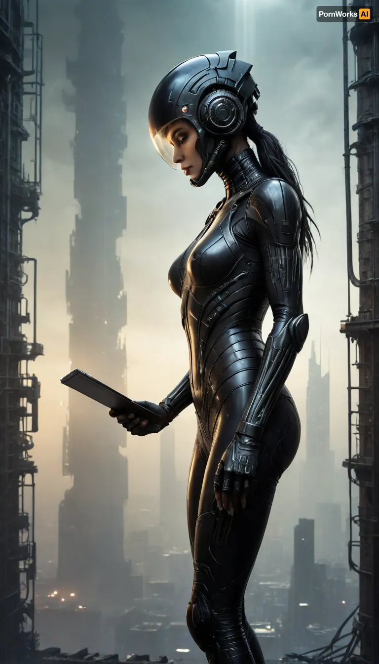 masterpiece, best quality, 8k, Tautomu Nihei Blame! Manga style, dystopian industrial planet, a woman in a glossy black skin-tight suit and helmet with visor, standing on the ledge of a gargantuan vertical industrial wall, working with tablet, (face close-up:1.5), athletic physique, (she is holding a holographic tablet with planet map), abandoned, ruined alien megastructures, vast industrial abyss deep below shrouded in mist, countless pipes and machinery visible far down in the haze, steam rising from ruptures, piercing searchlights, strong backlighting creating a sharp black silhouette against the glow, immense scale, empty decaying industrial megastructure, cinematic, dramatic, atmospheric, style of Blade Runner 2049, volumetric light, haze, giger, tribals, sigilism, <lora:v4_CYBERGOTHIC:.8>