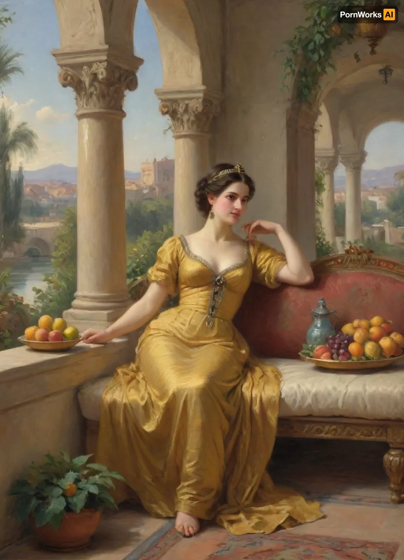 Masterpiece, oil painting, 19th century Orientalism style, (Queen Amytis of baбylon reclining on a luxurious divan, terrace of the Hanging Gardens:1.1), holding a bunch of ripe grapes in her hand, gazing thoughtfully into the distance, wearing a fine silk dress and gold jewelry, (abundance of fruits on a golden platter before her:1.2), pomegranates, figs, dates, and exotic fruits, (lush vegetation surrounding her:1.4), blooming flowers, palm leaves, vines, (complex irrigation system visible:1.3), water flowing from above in channels and small aqueducts, cascading down to lower terraces, mist from the water creating small rainbows, view of the city of Euphrates River in the hazy distance, intricate Schumer architecture, arched alcoves, columns, warm afternoon light, dramatic shadows, rich colors, detailed texture, romanticism, atmospheric, by the style of Edwin Long and Fernand Cormon, impressionist, painting, <lora:EldritchImpressionismXL1.5:.8>