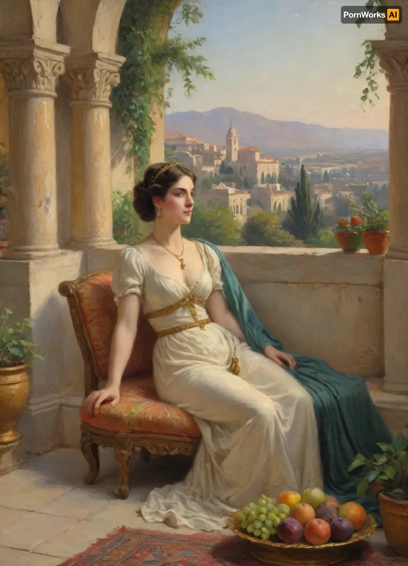 Masterpiece, oil painting, 19th century Orientalism style, (Queen Amytis of baбylon reclining on a luxurious divan, terrace of the Hanging Gardens:1.1), holding a bunch of ripe grapes in her hand, gazing thoughtfully into the distance, wearing a fine silk dress and gold jewelry, (abundance of fruits on a golden platter before her:1.2), pomegranates, figs, dates, and exotic fruits, (lush vegetation surrounding her:1.4), blooming flowers, palm leaves, vines, (complex irrigation system visible:1.3), water flowing from above in channels and small aqueducts, cascading down to lower terraces, mist from the water creating small rainbows, view of the city of Euphrates River in the hazy distance, intricate Schumer architecture, arched alcoves, columns, warm afternoon light, dramatic shadows, rich colors, detailed texture, romanticism, atmospheric, by the style of Edwin Long and Fernand Cormon, impressionist, painting, <lora:EldritchImpressionismXL1.5:.8>