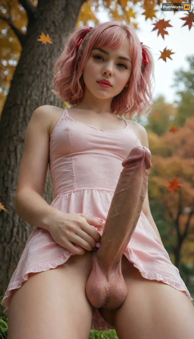 ultra realistic, masterpiece, high detailed skin, best quality, high res, very aesthetic, anime style, studio anime, source_ecchi, anime, (finely detailed face), ((petite body:1.6)), ln4tsuk1, pink eyes, pink hair, swept bangs, short hair, two side up, x hair ornament, hair ribbon, red ribbon, pink nails, fingernails, nail polish, ear piercing, smokyeyes, lash, pink mascara, glossy pink lips, bright red lipstick parted lips, petite shape, A digital illustration shoot about a character, breasts, 1 girl, 1 woman, shoot from a woman posing in a light pink dress with ruffled edges, surrounded by colorful autumn foliage. the image also shows a serene and natural setting. a woman with light skin and short, wavy pink hair appears to be leaning against a tree, she has fair skin, and a slender physique. her hair is styled in loose waves and falls down her back. she is wearing a pink, revealing, sleeveless micro dress with a frilly hem and ruffles on the hem, showcasing her bare shoulders and large-sized breasts. the background features a lush, green park with trees in the distance, and colorful autumn leaves scattered on the ground. her expression is seductive inviting but somehow also a bit of lovley smug, relaxed but provocative pose, dramatic scenery, intricate details, (blurry background, depth of field:1.1), the picture has an alluring and erotic vibe, ((dynamic dutch angle:1.6)), ((view from below:1.6)), futanari, mastrubation, erect penis, hard penis, sagging testicles, veiny cock, leaking precum, throbbing cock