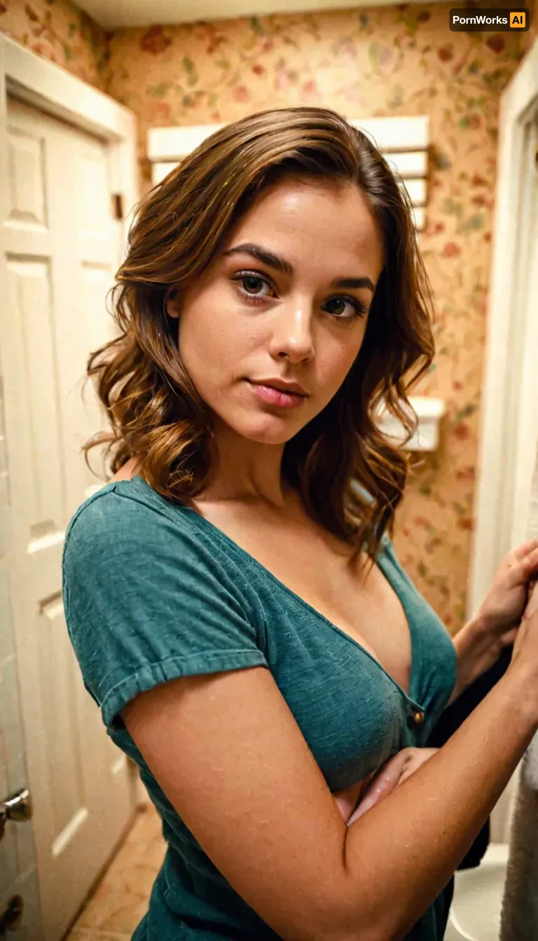 tiny, step sister, dogy, over the shoulder camera angle, natural lighting, painterly style, casual wear, background, bathroom