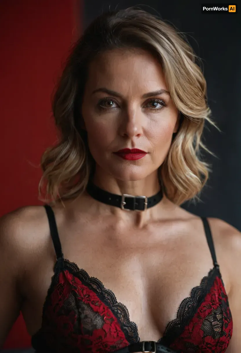 a 50 years old woman, A close-up portrait of a woman, captured in a candid moment. She is adorned in a red and black lace bralette, paired with a black choker featuring a silver buckle. Her attire is complemented by a black and red patterned underwear. The woman's pose is relaxed, with one arm resting on a gray surface, and her gaze is directed towards the camera. The background is blurred, emphasizing the subject, and the overall color palette is dominated by red, black, and silver., detailifier