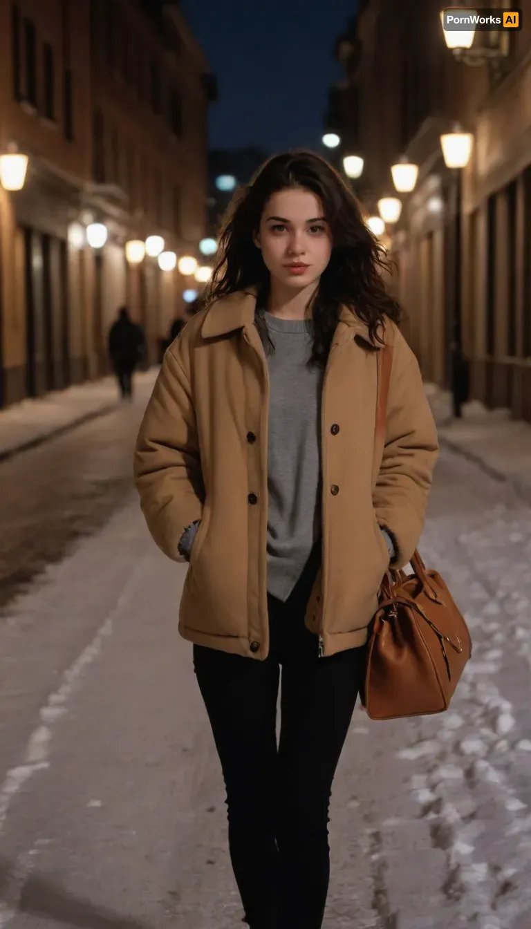 girl 18 years old, Walking down the city street in winter, short, skinny, (long dark black wavy hair), small breasts, perky_breasts, ((winter clothes)), handbag on her shoulder, A lot of snow, 1990sanalogphoto, raw, light, leak, 90s, style, 80s, Analogic, photo, 1990s, <lora:1990sAnalogStyle:.8>, <lora:Retro_80s_90s:.8>