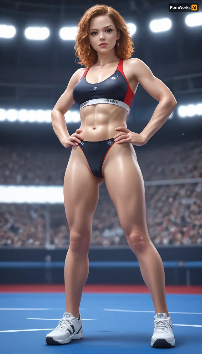woman, ((1Girl)), 18 years old Exhausted an sweaty German ginger Athlete, standing hands on hips look in the blu sky, super fit, abs, skin pores, realistic eyes, realistic fit body, sold out Olympic sports stadium, perfect realistic sun light, hyper realistic photo, tight wet white and red Nike sport clothing, sponsored and start number, brief and sports bra, sports shoes, (((super fat big and deep slit cameltoe))), (huge mons pubis), medium breast, breast, highly detailed, SLR Camera, ultra-detailed, professional photography, masterpiece, photo-realism, realistic, award winning photography, highest quality, insanely detailed, 8k uhd, 8k, full body visible, c4m3lt0