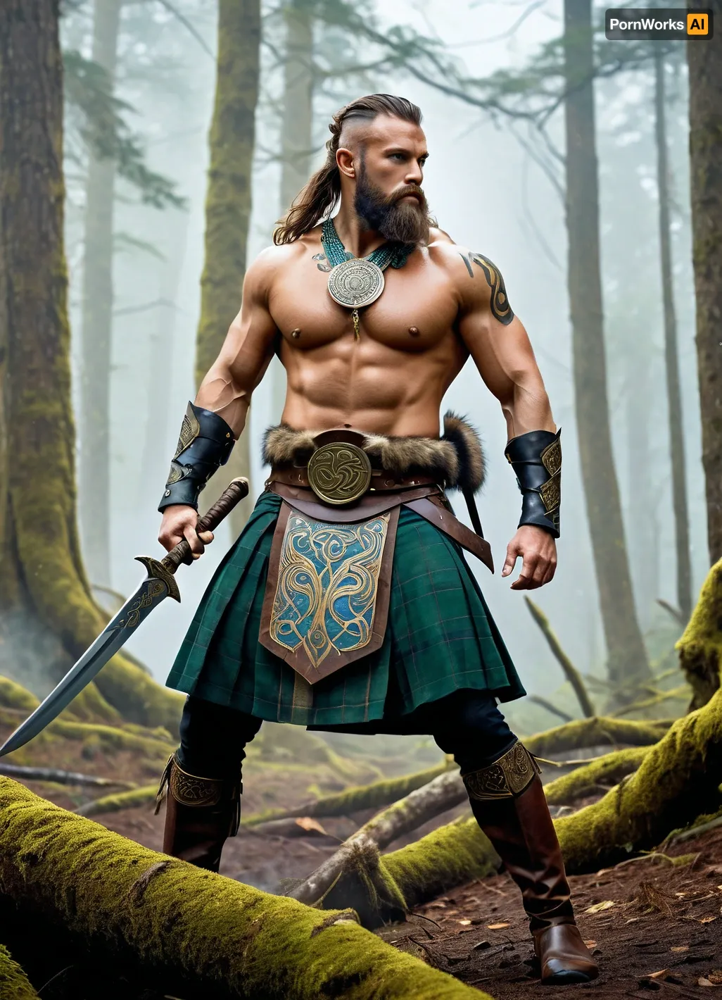 Modern colored pencil sketch, A fierce, muscular Celtic warrior, barechested with intricate blue woad body paint, a rugged beard, and a primitive necklace, holding a golden short sword raised high in one hand and a gold-bladed axe in the other, wearing a kilt-like garment of fur and green cloth, with a large ornate belt buckle showcasing a triskelion symbol, and primitive leg wraps and shoes, charging dynamically with a battle expression. During a battle in a dense, misty forest with numerous blurred, silhouetted warriors in the background, suggesting a chaotic melee. Fantasy art, Digital Painting, Epic Fantasy, inspired by historical Celtic art. Natural lighting, slightly diffused due to mist, focusing on the central figure with dramatic highlights. Full body shot, slightly low angle to emphasize power, dynamic action pose. Intricate details on body paint and attire, aggressive expression, realistic texture on fur and weaponry, atmospheric background with sense of movement, high fantasy, ancient warfare, colored, contrast, tone, texture, details, stylish, elegant