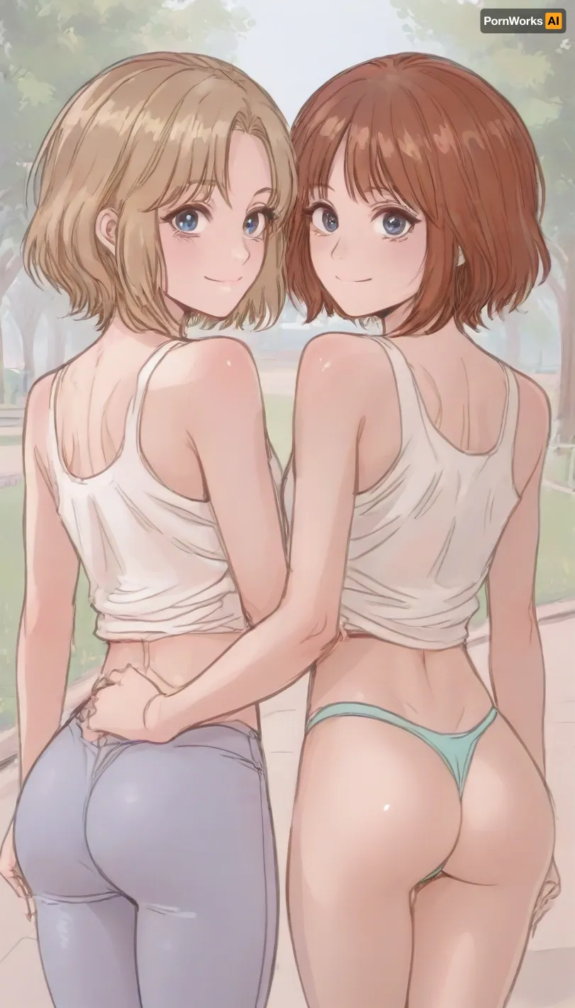 ((Graceful, pretty, 2 young girls, small breast, cute face, sexy, (low leggings), tanktop, park, thong, nice fit perfect ass, rear view, smiling, perfect lighting, <lora:ratatatat74-000050:1.4>, <lora:outline_xl_kohaku_delta_spv5x:2>, <lora:cartoon_stickers_xl_v1:.9>, <lora:NEOTOKIOXL_0.2_RC:.7>))