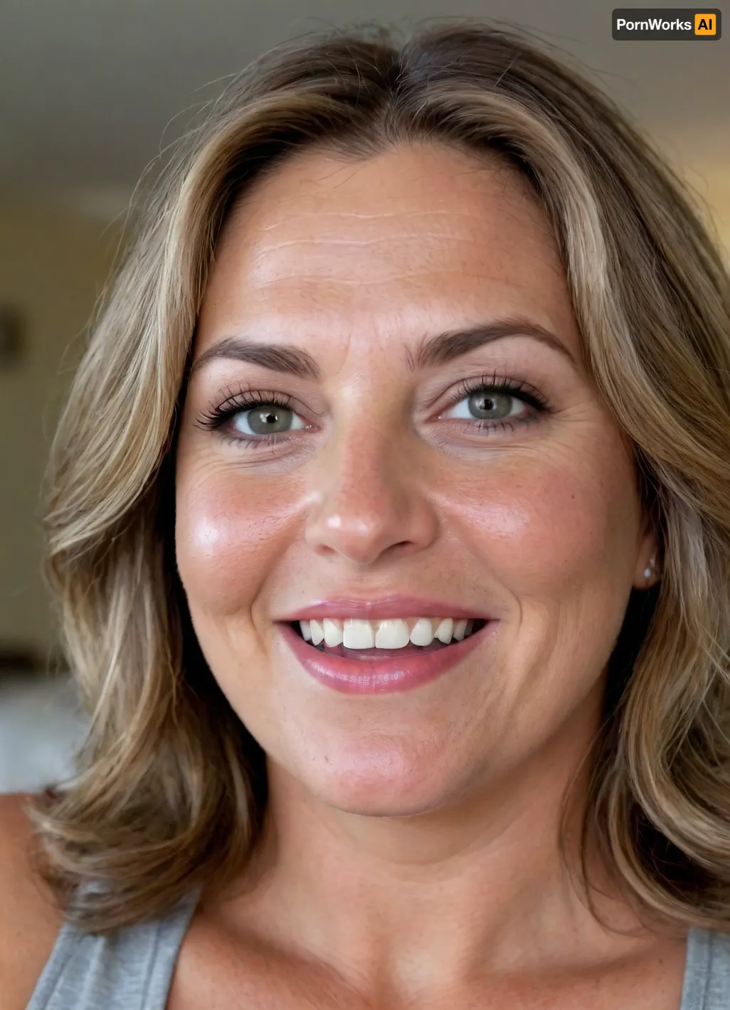 1milf, average height, tan American milf, messy long bob cut light brown hair with gray highlights, 50 years old, chubby face, chubby cheeks, solo, detailed eyes, perfect eyes, realistic, wrinkles, freckles, full lips, juicy lips, licking her lips by her tongue, big smile