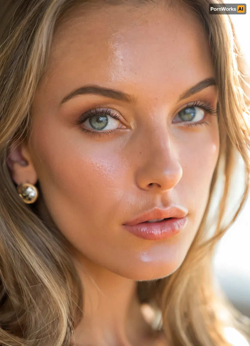 (masterpiece, best quality, photorealistic, ultra-detailed, highres, soft lighting), 1girl, Slim tall natural blonde, long natural hair, slavic, gold ring earrings, thin eyes, perfect body, slim waist, detailed, medium, perfect anatomy, model, photo, core, eye contact, photography, tall, slender, glistening skin, blue and grey colored mesmerizing eyes, perfect face, smooth silky long hair, tanned skin, close-up portrait, no tattoos, wearing sheer lip gloss, soft backlight, close up on face, <lora:add-detail-xl:.5>, <lora:xl_more_art-full_v1:.6>, <lora:MJ52:.8>
