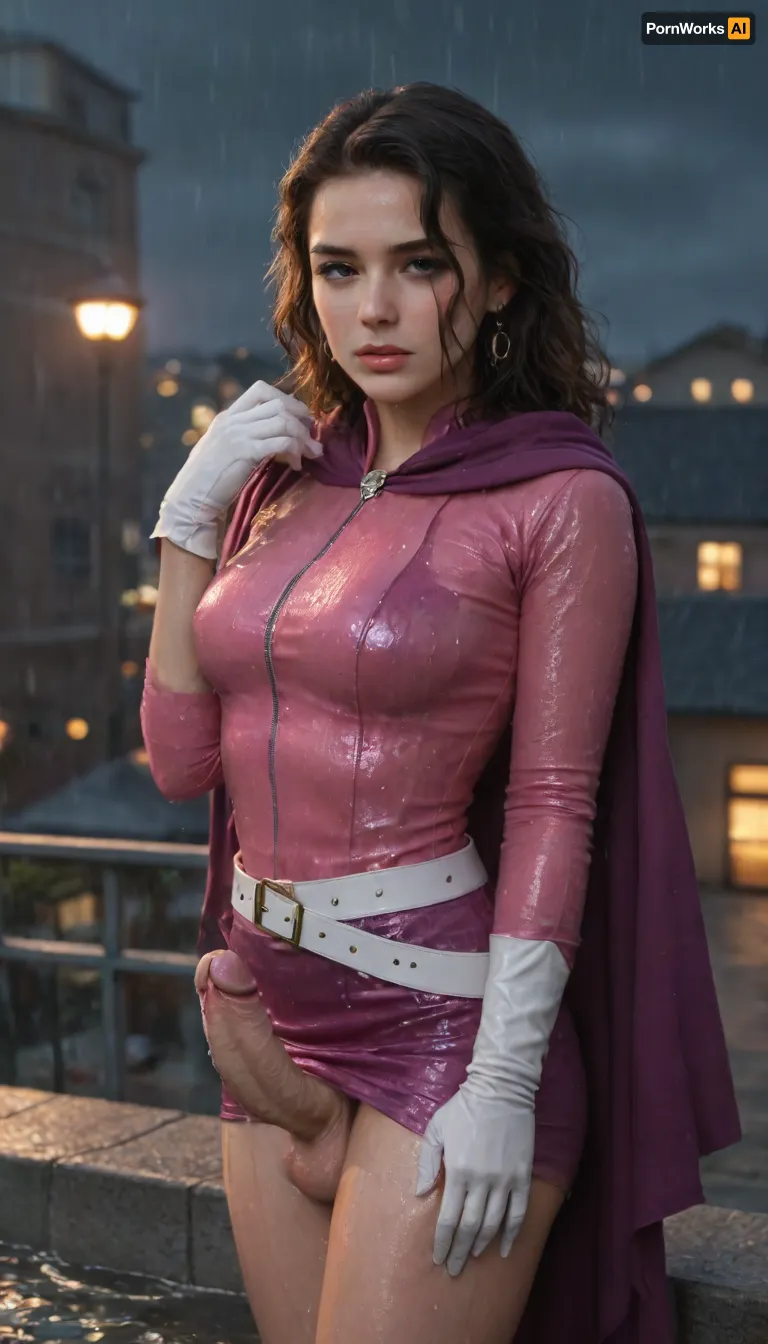 (20 years old), black hair, pink highlight, futanari, (erect-futa:1.5), erect, woman with penis, testicles, 8k, hdr, UHD, dynamic lighting, 1girl, rooftop, leaning, (wet:1.9), ((erect penis)), (futanari:1.1), Masterpiece, trending on artstation, pink leopard-spot bodysuit, white gloves, purple skirt, purple cape, white belt, (horny:1.6), (cum:1.6), (rain:1.7)