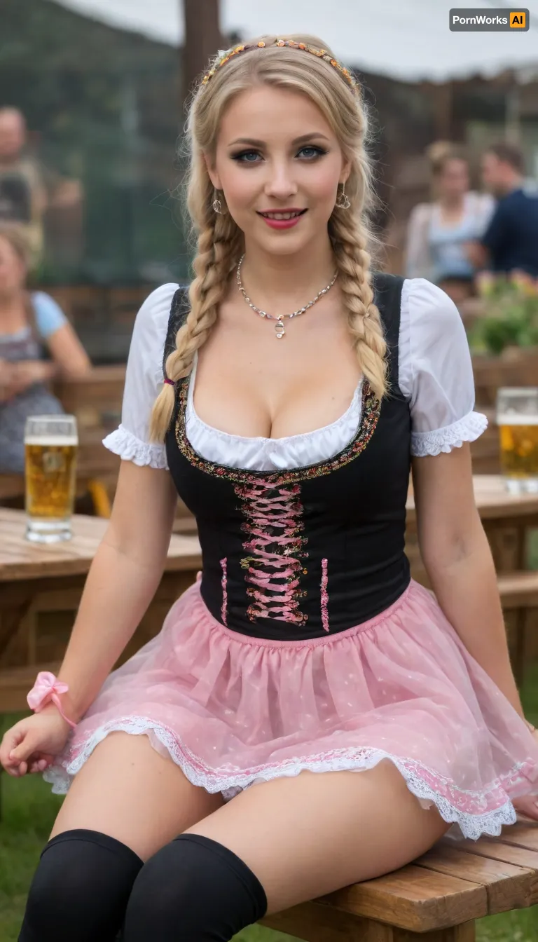 24 years old, skinny, waist long blonde hair, small head, narrow face, high heels, perfect eyes, (squating, spread legs, sitting), skirt, (skimpy transparent film dirndl:1.7), tits shinning through dirndl, hair clips, blue sky, long slender legs, glitter colorful high heels, (sitting drunk around:1.6), flat tits, (very drunk), (translucent polka dot pantyhose with glitter), (black thong:1.5), squirting urine, pissing, bavarian at oktober fest in munich, in fest tent on dirty gorund, beer puddle, festival, (sexy girls around), beer, (translucent socks), waste, dirt, cigaretts, puddle, litter, bottles, (front view:1.6), Shot from top wide depth of field