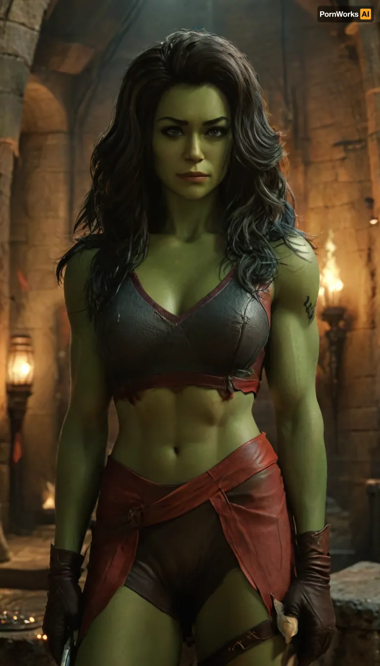 Photorealistic extremely lifelike image of a breathtaking high-fantasy female rogue-warrior standing in a torch-lit stone dungeon chamber. She is a beautiful Palestinian supermodel woman with light olive skin and a hourglass toned thin athletic physique. She has a heart-shaped face with soft feminine features, large almond-shaped bright-hazel eyes, a narrow rounded nose, and full lips curved in a confident smirk. Her long, straight curly dark brown hair with blonde-highlights flows past her shoulders, slightly tousled from battle.She wears a revealing, sexy rogue intricate outfit made of black leather and crimson fabric—an enchanted Solid Cami Crop Top & Split Thigh Long Skirt Set-style top with cutouts that expose defined abs, and high-slit armored thigh straps that leave most of her strong thick thighs bare. A pair of fingerless gloves and knee-high leather boots complete the look. Her toned arms and sculpted legs show off her physical strength and agility. She has a curved dagger at her side and a glowing arcane "SUN" sigil tattooed on her hip.Her expression is confident and sultry, standing with one hand on her hip, the other resting on her weapon. The background is a fantasy dungeon with stone walls, glowing runes, and faint magical mist. The lighting is warm and dramatic, casting shadows that accentuate her curves and muscle tone, high detail, cinematic lighting, fantasy realism, intricate costume design, 8K, full-body character portrait, RPG character art, sexy fantasy aesthetic, perfect anatomy, best quality, 8k, insane details, intricate details, hyperdetailed, hyper quality, ultra detailed, professional, HDR, ray tracing reflection, highlydetailedbody, realisticface, highlydetailedhair, insanelydetailed, 8K.highdetailedskin, highresolution, perfectfingers, (j_cartoon:1.5), Drawing, green skin, fit, strong, muscular, big, ohwx, woman, She-Hulk, she-hulk, jennifer, walters, <lora:SHEHULK_SDXL-000005:.8>, <lora:She_Hulk-000006:.8>, <lora:xl_more_art-full_v1:.5>, <lora:detailed_notrigger:.8>, <lora:MJ52:1>