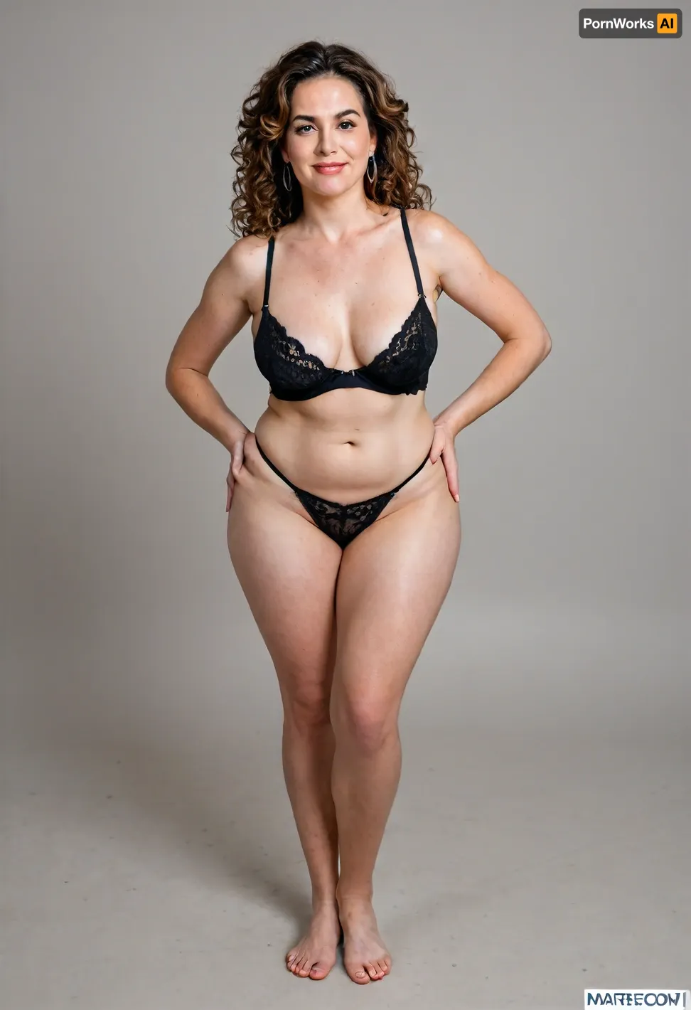60 year old, beautiful sexy chubby mature milf, long hair, chestnut hair with highlights, very curvy, thick, plump, wide hips, waist, sexy saggy milf, 1960s, strong eyebrows, realistic photo, smiling, beautiful, skin pores, eyelashes, textured skin, highly realistic skin, (big hips:1.6), ambient occlusion, model shoot, masterpiece, black lingerie, (full body portrait), stretch, marks