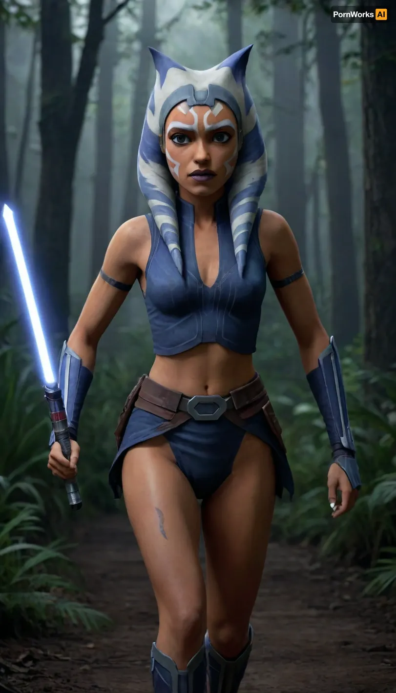 Ahsoka tano, in jedi dress, running to tank from clone wars, nighttime, in dark jungle, Jedi dress, visible breasts, visible pussy, lightsaber in hands, from, star, wars, the, clone, <lora:asohka_v1.0:.8>
