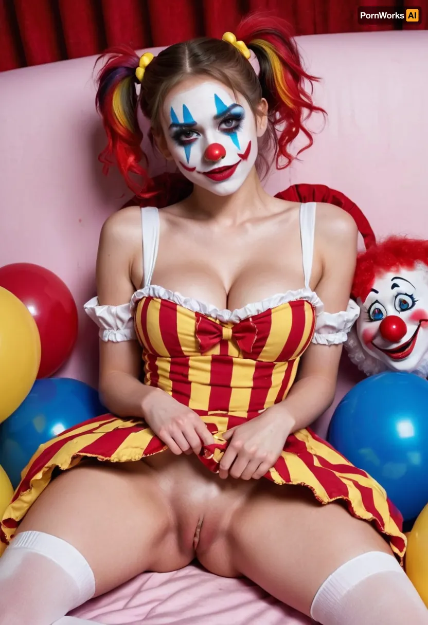 young beautiful girl 18 years old clown girl with big breasts, wearing a pulled-up dress without any underwear, laying on her back with spread legs, no panties, long striped socks, clown makeup, skinny, white face paint, detailed vagina, looking at the viewer, back long high twin multi-colored ponytails, excited, aroused, tack sharp, 4k, dslr