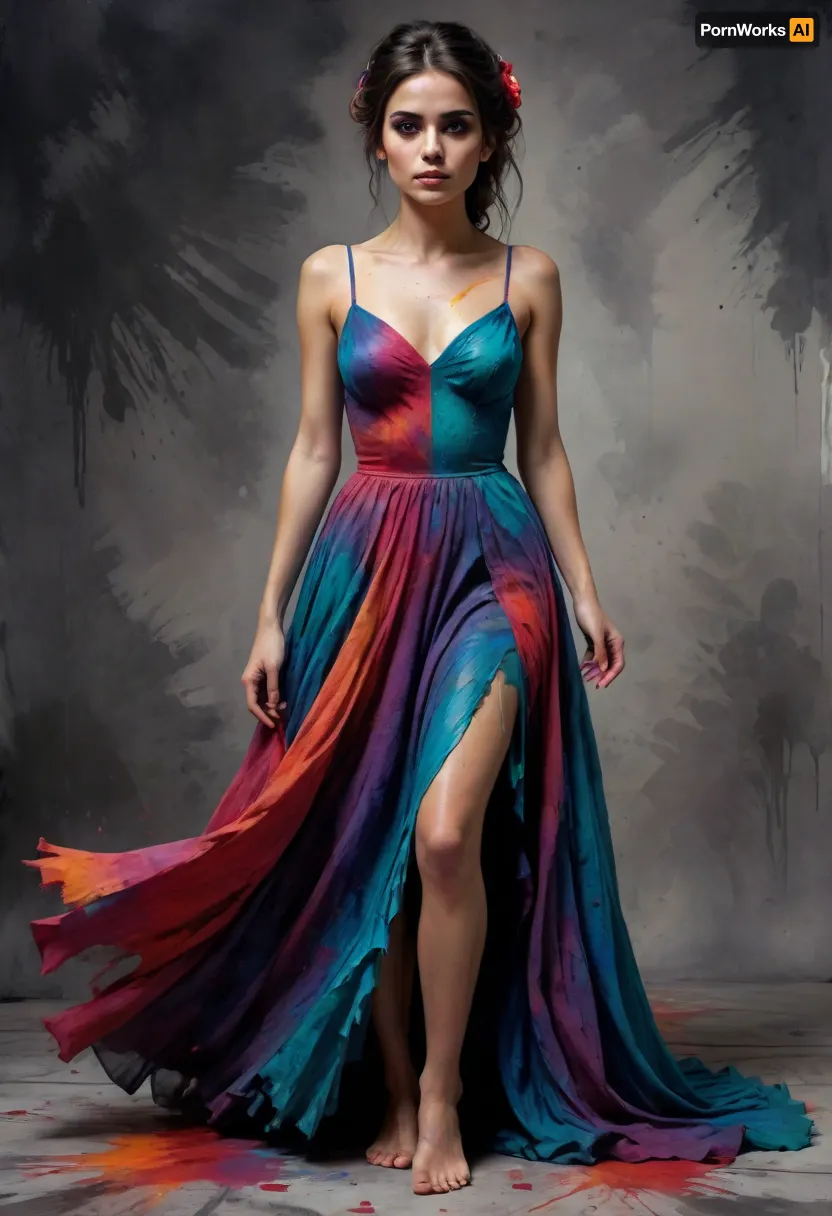 Mexican horror, 30 year old tall lanky woman, fear, dread, despair, bare feet, full length, full body, long flowing dress, complicated and messy hairstyle, katr1na, face, paint, Colorsplash, <lora:CatrinaMulti_byDevDope:.5>, <lora:SDXLPaintSplash:.3>