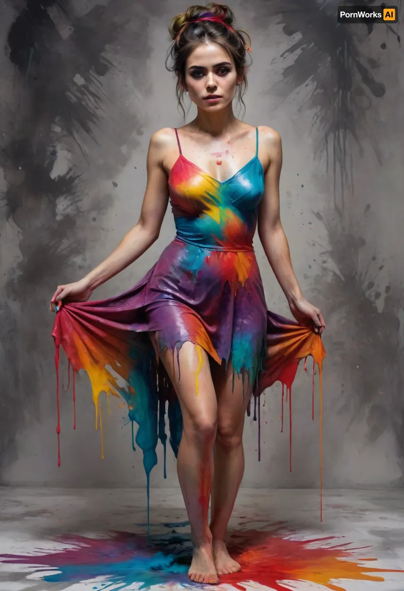 Mexican horror, 30 year old woman, tall and lithe, fear, dread, despair, bare feet, full length, full body, comletely nude, body covered in paint, paint spread out like a dress, complicated and messy hairstyle, katr1na, face, paint, Colorsplash, <lora:CatrinaMulti_byDevDope:.5>, <lora:SDXLPaintSplash:.3>