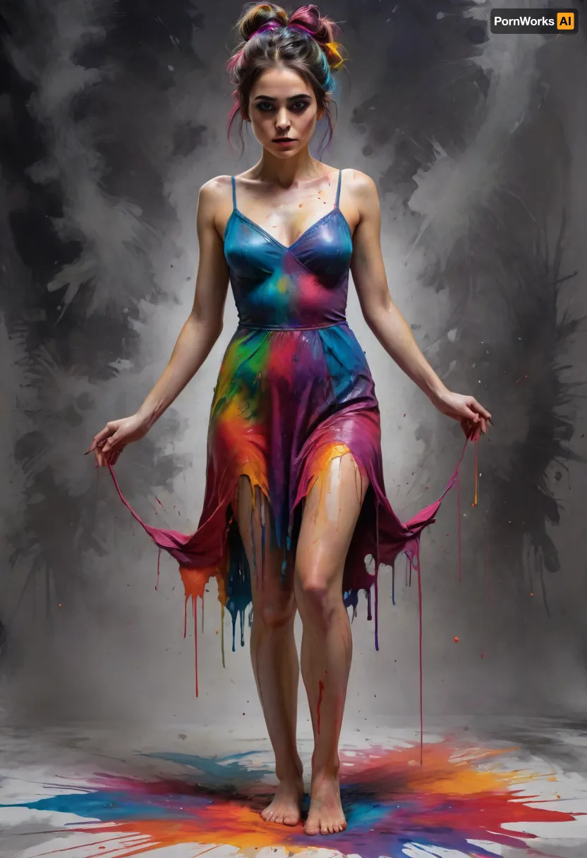 Mexican horror, 30 year old woman, tall and lithe, fear, dread, despair, bare feet, full length, full body, completely nude, body covered in paint, paint spread out flowing like a dress, complicated and messy hairstyle, katr1na, face, paint, Colorsplash, <lora:CatrinaMulti_byDevDope:.5>, <lora:SDXLPaintSplash:.3>