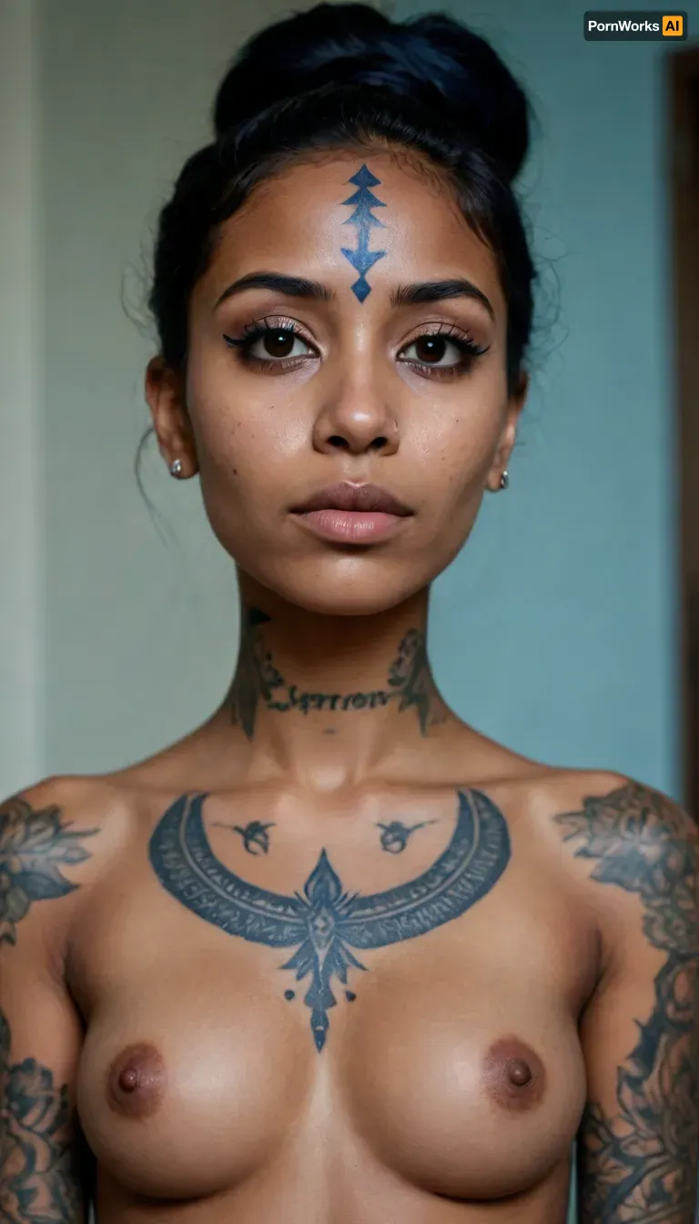 Indian, Black girl, nude, (face tattoo blue), (chest tattoo)