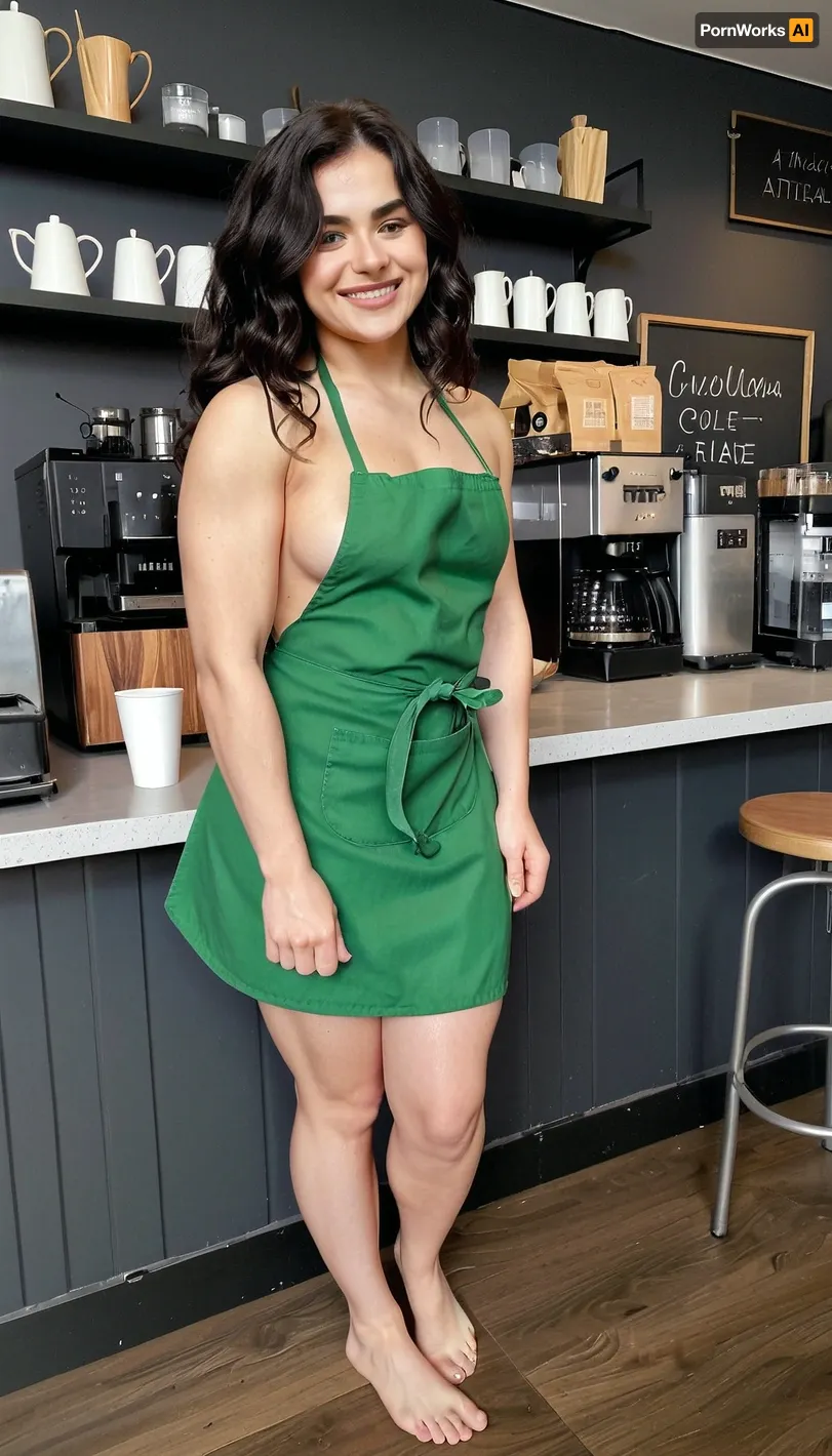iPhone 15 pro photo, beautiful 30 year old Slavic girl standing, rounded face, wearing only green apron on naked body, black wavy hair, athletic body, muscular and chubby little bit, barefoot, big smile, slim waist, coffee shop, full body view, photorealistic, highly detailed