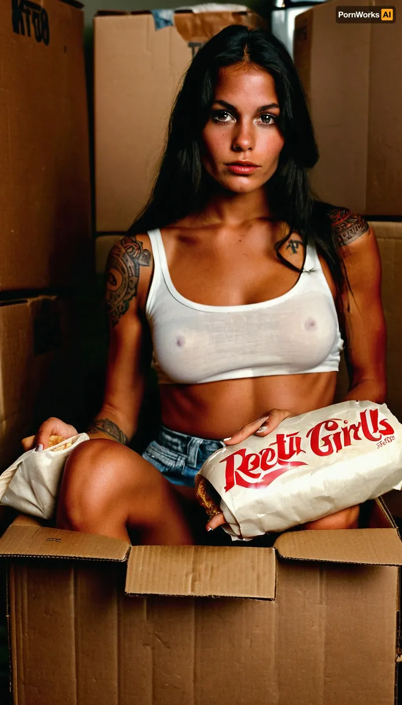 ((Holding a butt burrito)), (((She is holding a butt burrito in her hands))), (((sitting inside a cardboard box for a refridgerator))), amazing chest tattoo design, half body portrait of a woman wearing a KFC bucket for a hat, 80's style makeup, slept in style, princess portrait, beautiful costume, white trash homeless white girl style, beautiful detailed body and face, tanned white skinned american girl, 80's clothing, provocative white american, beautiful skinny woman, tattoed nipples, tear drop saggy breasts, a girlA young homeless white trash woman with long, dark hair. The image conveys a blend of generation, cutural and natural beauty., titsonastick, grainy photograph, 1980s photo with film grain, 1980s photo with vignetting, retro, r/OldSchoolCool, 1950s photo, vintage photo, natural beauty, breathtaking tribal tattoo design, incredible tattoo design, soft focus, depth of field, 8k photo, HDR, professional lighting, taken with Canon EOS R5, 75mm lens, theme, puffy, nipples, dark, ghost, wide, <lora:Nipples XL:1.3>