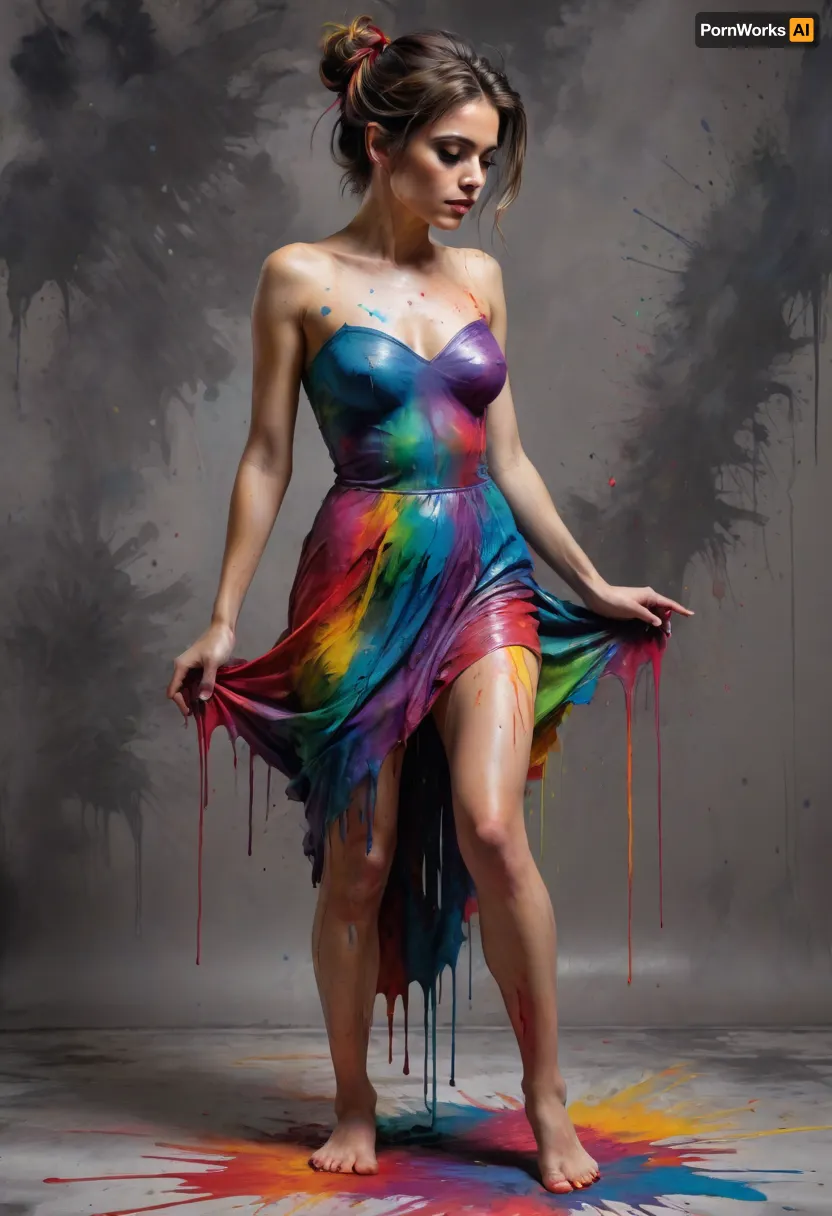 Mexican horror, 30 year old woman, tall and lithe, fear, dread, despair, bare feet, full length, full body, completely nude, body completely covered in paints, paint spread out flowing like a dress, complicated and messy hairstyle, katr1na, face, paint, Colorsplash, <lora:CatrinaMulti_byDevDope:.5>, <lora:SDXLPaintSplash:.3>