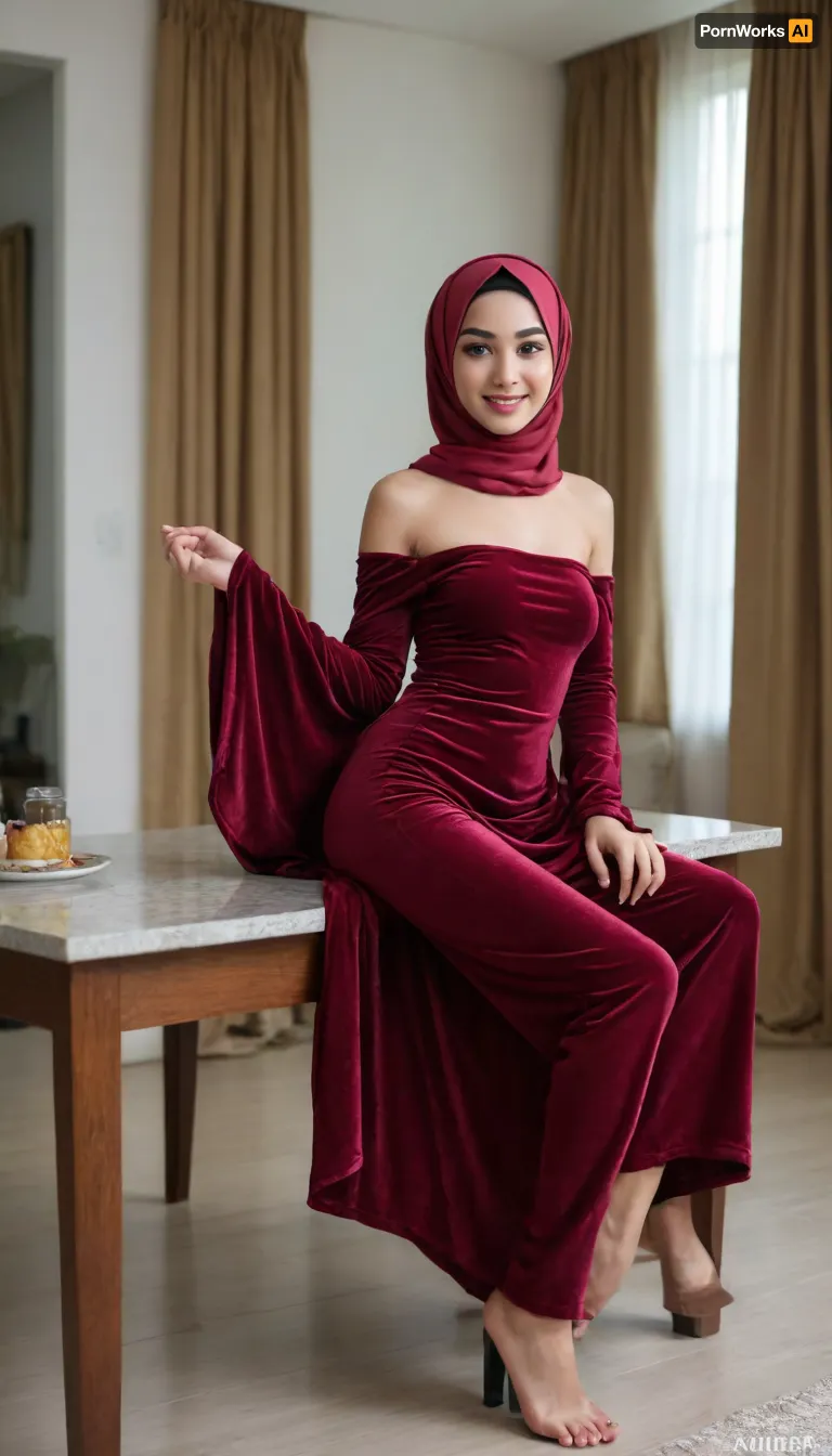 18yo indonesian happily wear maroon al-amira hijab, full body shot, naked, only wear a velvet strapless minidress, perfect body, living room background, sit and open her leg widely at table corner to show her vagina
