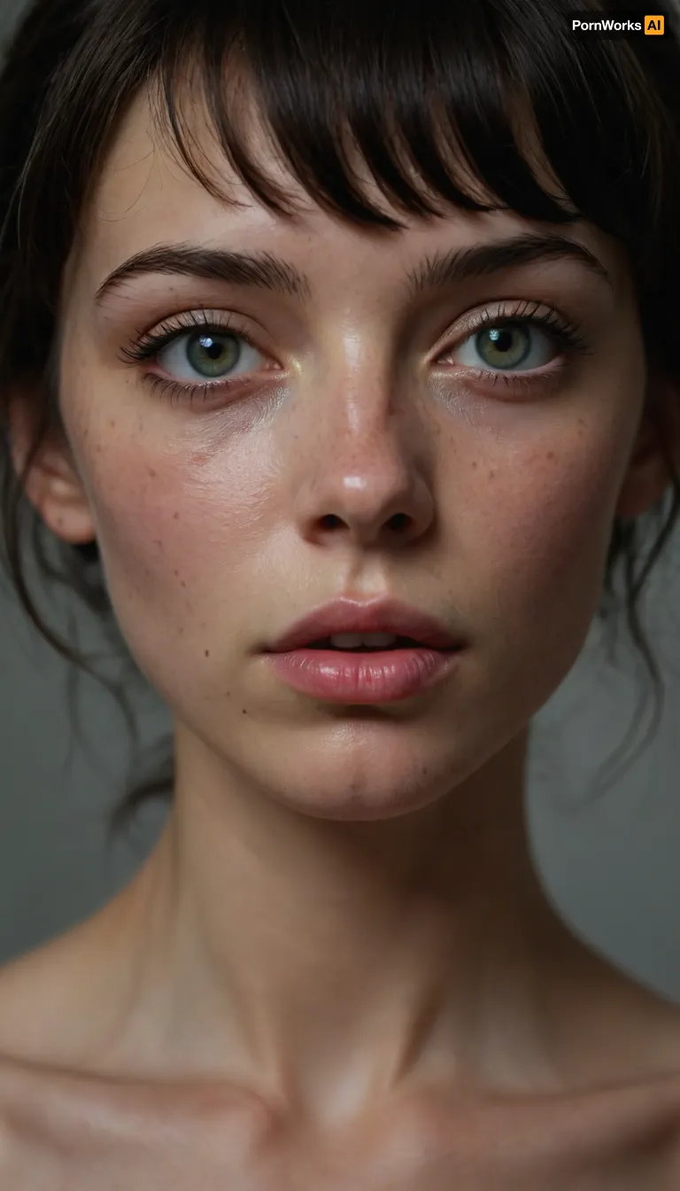 Masterpiece, 1girl, extremely short, Ukrainian, wavey bobcat, black hair, full messy bangs, barely legal, extremely skinny, underweight, very pointy sexy cheekbones, very skinny, solo, very big and very bright green eyes, perfect eyes, realistic eyes, ultra realistic, very many freckles, very wide beautiful lips, very full upper lip, down curved upper lip, heart shaped lips, skinny neck, visible collarbones, very pale