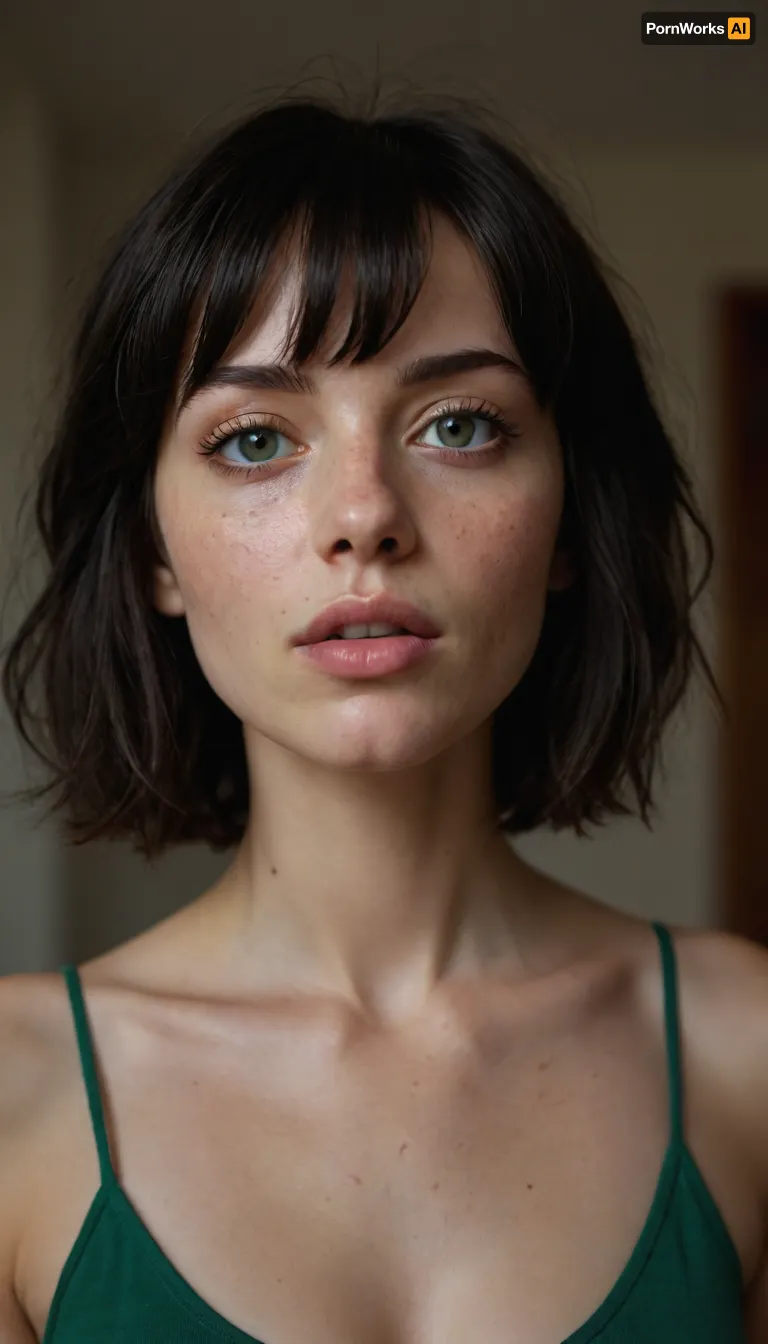 Masterpiece, 1girl, extremely short, Ukrainian, wavey messy bob cut, black hair, full messy bangs, barely legal, gorgeous rectangle face, extremely skinny, underweight, very pointy cheekbones, very skinny, solo, very very big and very bright green eyes, perfect eyes, realistic eyes, ultra realistic, very many freckles, very big mouth very wide beautiful lips, very full upper lip, down curved upper lip, heart shaped lips, skinny neck, visible collarbones, very pale slight dark circles