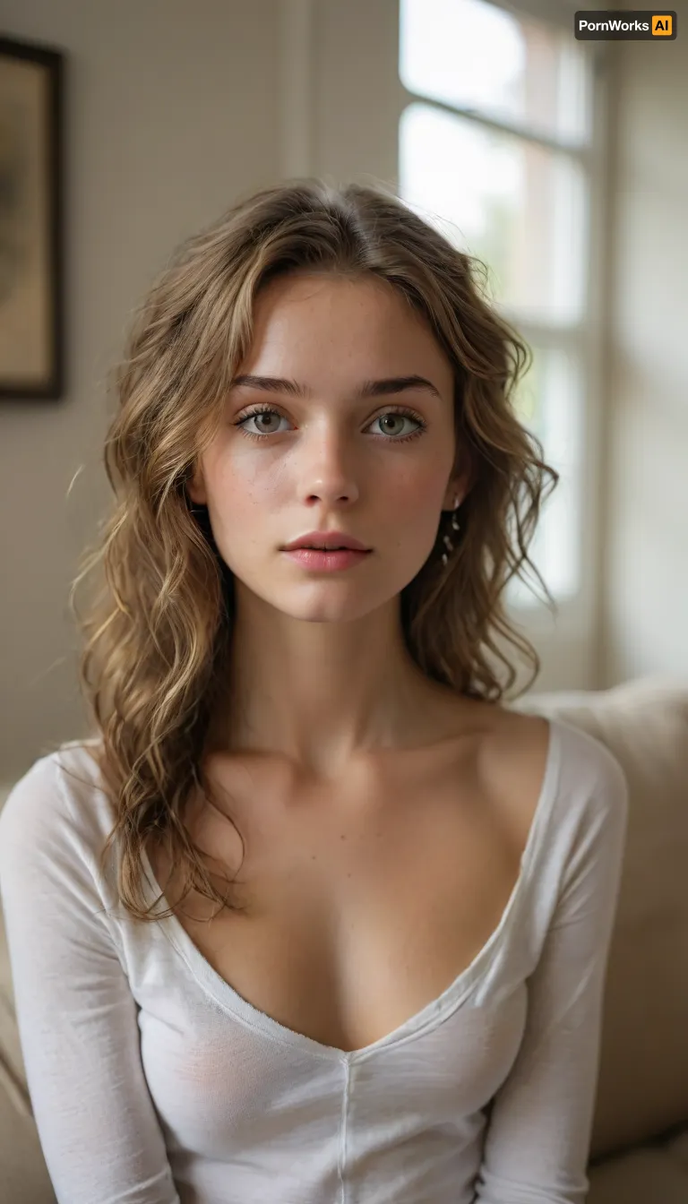 Masterpiece, (photorealistic:1.25), barely legal girl, skinny/petite build, shoulder-length wavy light-brown hair, center part, small silver stud earrings, (natural skin texture:1.25), (sharp eyes:1.3), subtle natural makeup, wearing a thin slightly sheer white long-sleeve T-shirt with soft wrinkles, small midriff visible, reclining on a beige fabric sofa, torso angled toward camera, head slightly tilted, calm direct eye contact, neutral soft expression, minimalist living-room background with two framed artworks softly out of focus, (diffused window light from camera-left:1.2), (smooth highlight roll-off, warm/neutral white balance:1.1), (shallow depth of field:1.2), (85mm lens, f/2.2:1.1), low contrast, warm natural color grade, detailxl, <lora:add-detail-xl:.5>, <lora:xl_more_art-full_v1:.8>, <lora:MJ52:.5>