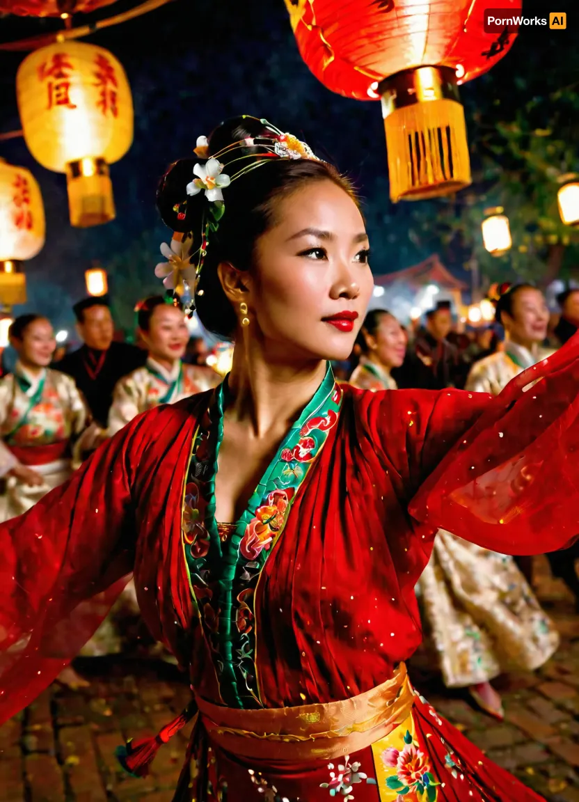 National geographic magazine cover shot, charming Chinese woman in traditional dress dances at the Lantern Festival, (dancing, spinning:1.4), motion blur, sharp focus on face, realistic eyes, cleavage, detailed face, masterpeace, shallow depth of field, (dutch angle:1.3)