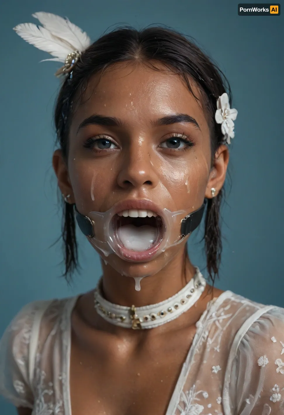(portrait of a brown skinned Indian woman:1.1), (her mouth is wide open, wearing a mouth spreader ring gag, gaping throat:1.3), (haute couture small white feathery head accessory for derby:1.4), (sleek straight cut hair:1.2), (shoulder hair), (black hair), (straight hooked nose:1.3), plucked eyebrows, dark complexion, smile, (transparent liquid, wet face:1.3), (cum on her face, bukakke:1.3), white summer dress, cleavage, dark blue background, short sleeves, puffer sleeves, (flower print on dress), millinery, fascinator