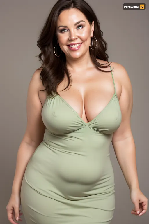 curvy, obese, big, gilf, looking at viewer, eye contact, portrait photo a chubby mature 60 year old woman, wearing a v-neck sleeveless spaghetti strap light green dress, hourglass figure, round face, chubby cheeks, wrinkles, flushed cheeks, double chin, round jawline, thick arms, big eyes, brown hair with highlights, medium hair, big smile, mouth open, lips parted, big lips, teeth showing, perfect teeth, joyful smile, (solid blank background), hoop earrings, (wrinkles), (curvy), wide, drooping saggy conical breasts, sagging, breasts, apart, hips, <lora:tt_saggy:.3>, <lora:ConicalTits:.3>