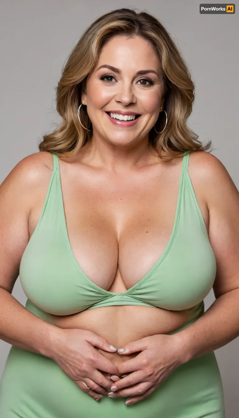 Lubica stepaunt, curvy, obese, big, ssbbw gilf, looking at viewer, eye contact, portrait photo a chubby mature 60 year old woman, wearing a v-neck sleeveless spaghetti strap light green dress, hourglass figure, round face, chubby cheeks, wrinkles, flushed cheeks, double chin, round jawline, thick arms, big eyes, light brown hair with highlights, medium hair, big smile, mouth open, lips parted, big lips, teeth showing, perfect teeth, joyful smile, (solid blank background), hoop earrings, (wrinkles), (curvy), wide, drooping saggy conical breasts, sagging, breasts, apart, hips, <lora:tt_saggy:.1>, <lora:ConicalTits:.3>