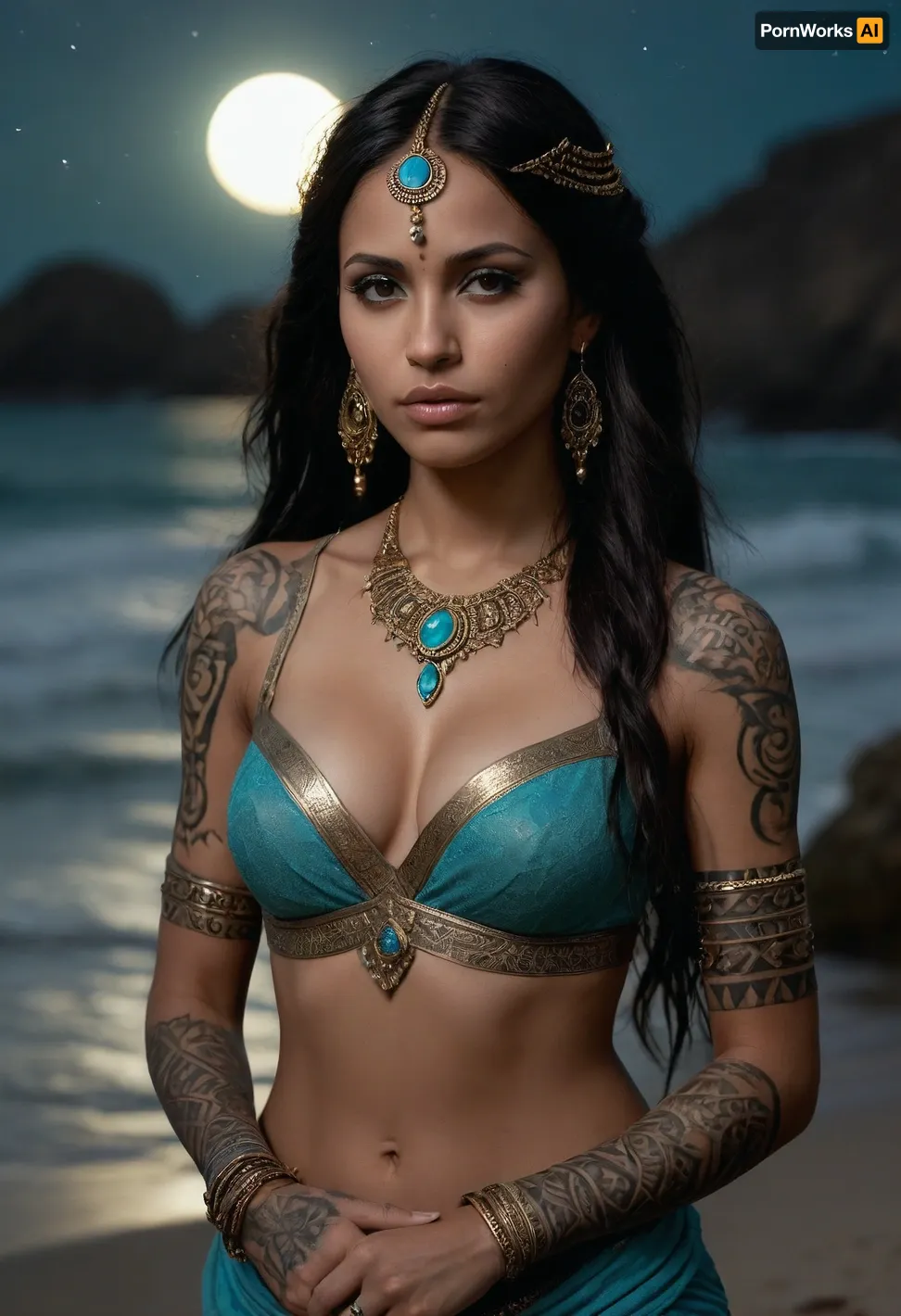 ((masterpiece)), (best quality), (highly detailed), ((illustration)), incredibly detailed, intricate, fantastical, portrait, {beautiful woman}, full shot, facing viewer, dark skin, long flowing black hair, (((intricate tribal tattoos on arms and shoulders))), belly dancer outfit, aqua and gold dress, ornate jewelry, necklace, earrings, armlets, headpiece, holding a dagger, sparkling water effects, water waves, (glowing water effects), (night sky), (starry sky), galactic background, nebula, distant moon, rocky shore, dramatic lighting, volumetric lighting, rim lighting, vibrant colors, fantasy art, digital painting, sharp focus, octane render, concept art, by artgerm and greg rutkowski and rebecca guay