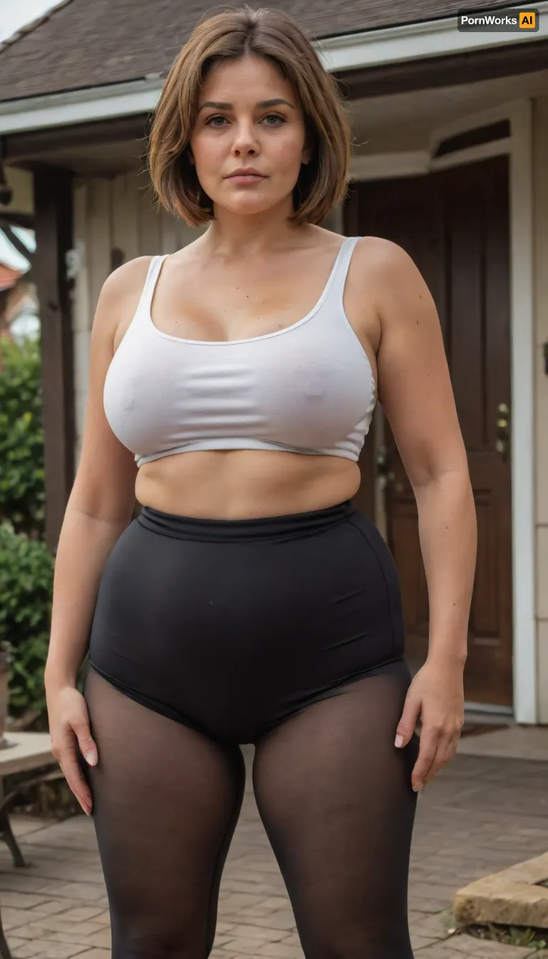 detailed photo, high quality, 4k, high resolution, Full-length photo, outside, suburban house, patio, old woman, elegant woman, a celullite, (60 years old mature woman), russian fat woman, (milf), large breasts, very sagging breasts, mature wife, (large sagging boobs), very fat woman, MILF, a fat woman, chubby legs, very fat ass, fat belly, plump waist, plump pubis, huge hips, huge saggy breasts, saggy breasts, cellulite, thick thighs, brunette, bob haircut, brunette hair with highlights, old face, detailed face, round face, stern face, big eyes, small nose, plump cheeks, fupa, woman wearing highwaist leggings and tank top, (black highwaist leggings), (thin white tank top without sleeves), (cameltoe:1.2), woman standing, 4ng3l, face, <lora:SDXL_BetterFaces-LoRA_v1:.6>