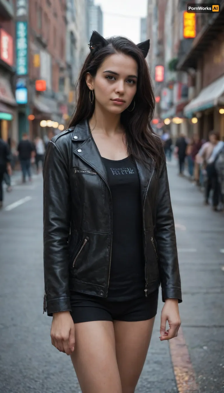 bf_holding_hands, walking in the cyberpunk city, rainbow, detailed, 8k, detailed shadow, 1girl, Omertosa, long hair, black hair, open jacket, leather jacket, animal ears, jewelry, (masterpiece, best quality), arknightsTexasThe, koreanDollLikeness>, bf_style
