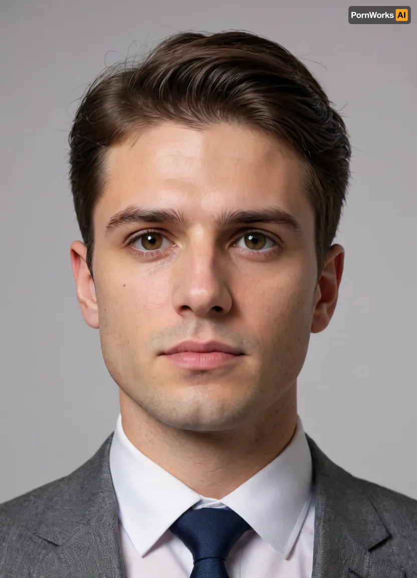 White background, empty photostudio, Uber realistic, photo for password, 30 yr old the man is dressed in a business suit, face triangle, head short hair, Her hair is combed to the right, Man looks at cam. all faces visible, men serious, men, (Closeup:1.2)