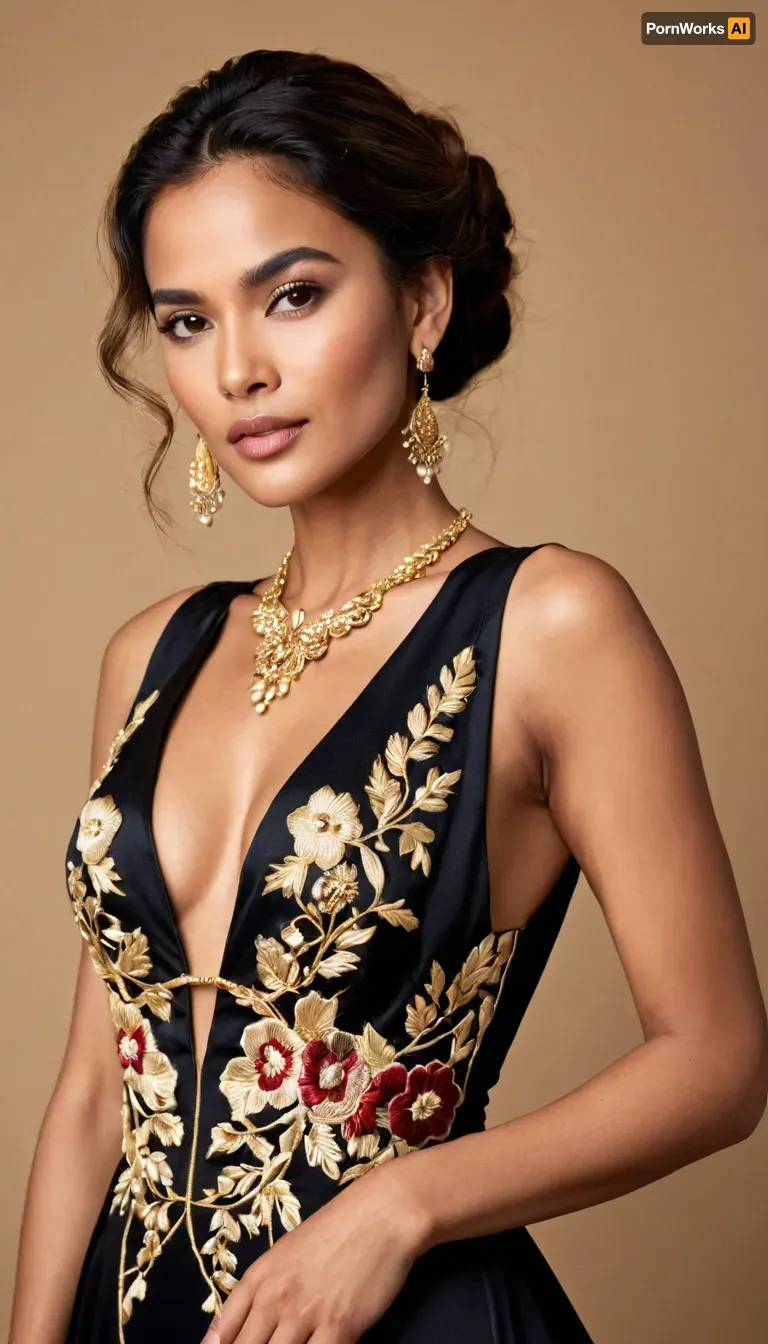 Woman, (ethnicity:1.2), (age:1.1), (body type:1.1), (pose:1.2), wearing a black evening gown, (detailed clothing:1.2), (accessories:1.1), with gold embroidery, (detailed embroidery:1.2), (facial features:1.3), (expression:1.2), standing centered in the frame, facing the camera directly, elegant posture, gown with deep v-neck, cut-out details, (detailed neckline:1.2), (detailed fabric texture:1.2), floral gold embroidery, (composition:1.2), photorealistic style, plain beige background, studio shot, glamourous, (golden highlights:1.1), and dramatic lighting, fashion photography, high detail, 8k resolution, rich black color.
