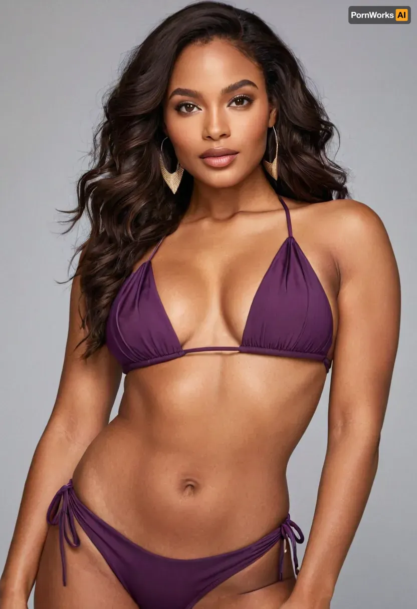 Close-up portrait of a dark-skinned woman, young adult age range. She displays a confident, alluring pose, with a captivating gaze directed at the viewer. Her dark, long hair is styled in loose waves. Her makeup is defined, with accentuated eyes and a soft, natural lip color. She wears a stylish, deep purple, smooth-material bikini. The top is a triangle-shaped bikini top, fitting snugly with a subtle decorative element. The bottoms are high-waisted, featuring ties at the sides, adding a modern touch. The color of the bikini is a rich, showcasing a sleek, modern style. The lighting is soft and well-balanced, casting no harsh shadows, emphasizing the curves of her body. The composition is centered, drawing attention to her figure. The skin tone is medium-dark brown with a natural glow, highlighting her physical features. Her expression is sensual and serene, embodying a subtle sense of confidence. The background is a light gray-beige wall, with a hint of a kitchen area visible in the back. The textures of the skin and the material of the swimwear are smooth and glossy. The atmosphere is alluring, romantic, and inviting. The mood is sensual but not overtly suggestive. The style is contemporary, portrait-style photography, utilizing a close-up perspective with a well-defined focus on the subject. Studio lighting is used, with a focus on creating soft highlights and subtle reflections.