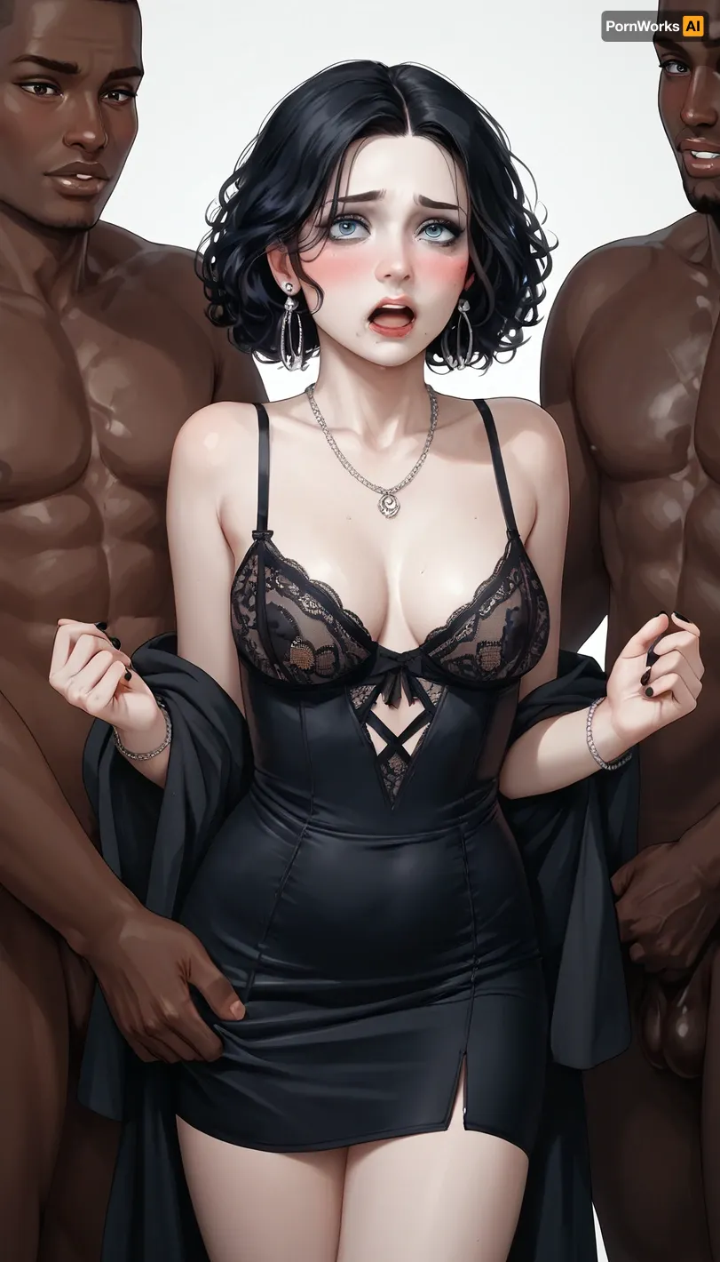 score_9, score_8_up, score_7_up, woman fucked by huge black man, goth, undressing, dress, lingerie, (pale skin:1.2), (interracial:1.3), milf, medium breasts, after gangbang, loemba, blueche, (with, blushing, cheeks:1), covche, covering, her, cheek, with, right, hand, covmou, mouth, looking, embarrassed, <lora:EmbarrassedBlushing.1.0:.8>