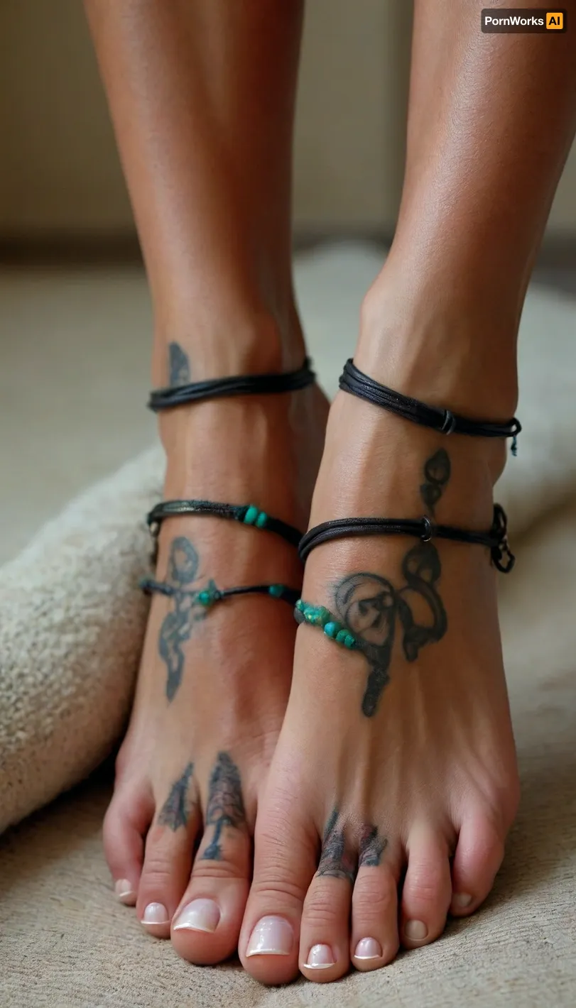 47 years old naked milf, ((foot-focus sexy feet with toe-rings, arches with foot-tattoos, stacked anklets)), european, ((very dark tanned)), exotic, green nail-polish, hairy brasilian pubic hair, tight calves, ((long toes)), glowing skin, intimate interior trier background, but, <lora:BUT_SDXL_SHS:.8>