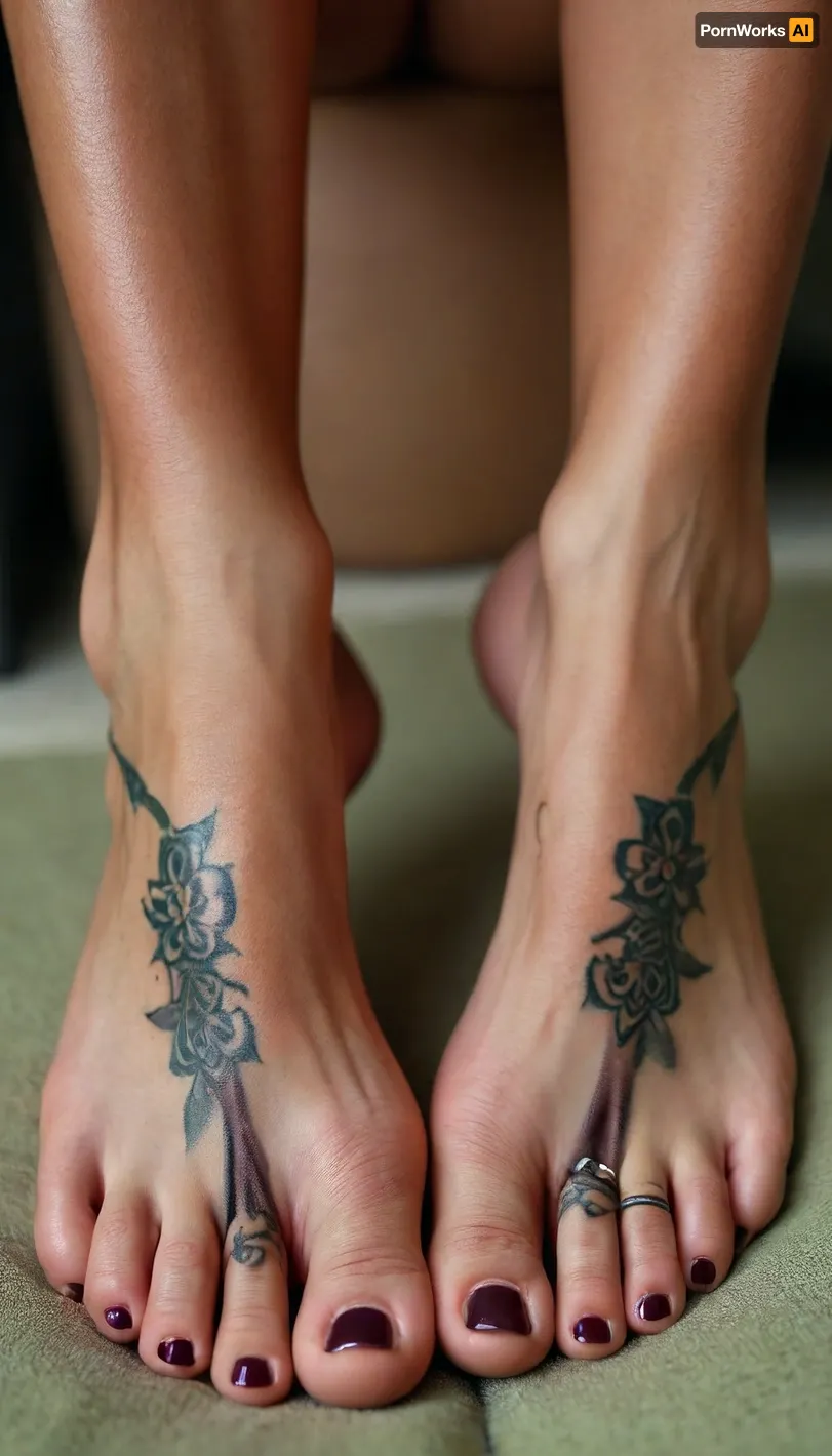 47 years old naked milf, ((foot-focus sexy feet with toe-rings, arches with foot-tattoos, stacked anklets)), spread legs pussy visible, sexy northern european, ((very dark tanned)), exotic, green nail-polish, narrow patch pubic hair, tight calves, ((long toes)), glowing skin, intimate interior trier background, but, <lora:BUT_SDXL_SHS:.8>
