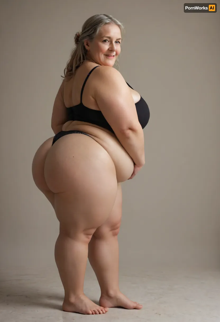 View from behind, Dynamic angle, big ass, photorealistic, best quality, (realistic), (obese milf:1), 50 years old, (caucasian milf), ((curvy)), narrow waist, hourglass figure, Long hair, Dark blonde hair with highlights, (wearing black tight satin high-waist full coverage wide granny panties:1.2), ((plump round obese belly:1.3)), (big lovehandles:1.4), (chubby thighs), ((huge muffin top belly)), (belly hanging over top of panties), (double chin), plump round fat face, very plump pubis, (plump fupa:1.3), full body shot, 1960s, strong eyebrows, realistic high quality photography, beautiful, skin pores, eyelashes, textured skin, highly realistic skin, ambient occlusion, model shoot, (plump body), but, sagging, stretch, marks, wrinkles, short, smiling, mouth open, beautiful eyes, Curvy, body, <lora:MJ52:.5>, <lora:Older_woman-000008:.5>, <lora:Older_woman_v4-000002:.5>, <lora:b8174d41-8ba7-4318-bc14-53ee7e353d91.TA_trained:.5>