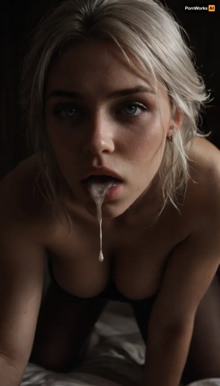 Ciri on top of a strong man, holding his dick in one hand, (((bottom view))), solo, UHD 8K, beautiful firm medium tits, perky nipples visible, white hair, extreme realism, maximum detail, slim figure, detailed skin, real lighting, topless, 1D, seamless, pantyhose, 20D, open mouth, ((a massive load of cum dripping from mouth down)), some cum on body, photorealistic, cinematic masterpiece, dark background, mouth full with cum, (sitting on bed), ((cleavage, close-up, bending over)), ((close up on face)), (((cei))), <lora:580159_training_data:.5>, <lora:dark:.5>, <lora:arlecchino_new:.5>, <lora:seamless pantyhose-000003:.5>, <lora:futureistic_fantasy_anime_sdxl_v1:.8>