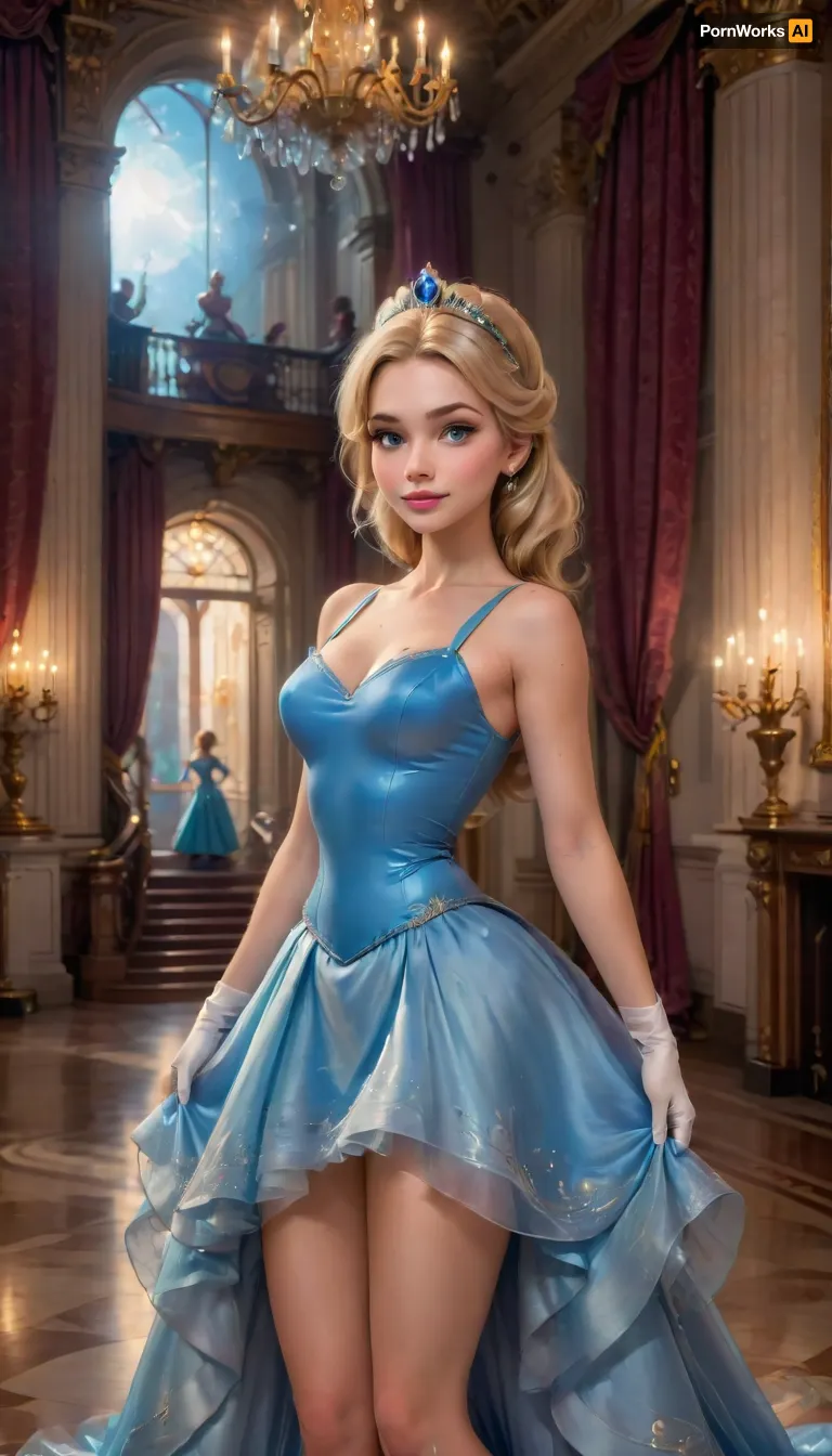 (masterpiece, best quality, ultra-detailed, photorealistic, highres, vivid HDR), 1girl, named Cinderella, unique character, 21 y.o., slim elegant body, narrow waist, graceful hips, long legs, smooth fair youthful skin, delicate symmetrical face, large bright blue eyes, soft pink lips, gentle natural smile, silky blonde hair styled in neat bun with jeweled tiara, fully dressed, elegant fitted blue ball gown, satin fabric hugging waist and chest, wide flowing skirt, silver embroidery details, long white gloves, crystal slippers, standing gracefully in royal palace ballroom, golden chandeliers shining, marble staircase in background, candlelight reflections, moonlight through tall arched windows, cinematic atmosphere, tack sharp, vivid HDR, ultra-detailed fabrics and textures, <lora:SDXL_BetterFaces-LoRA_v1:.8>, <lora:SDXLFaeTastic2400:1>, <lora:add-detail-xl:1>, <lora:Microwaist_XL_v01:1>, <lora:princess_xl_v2:.8>