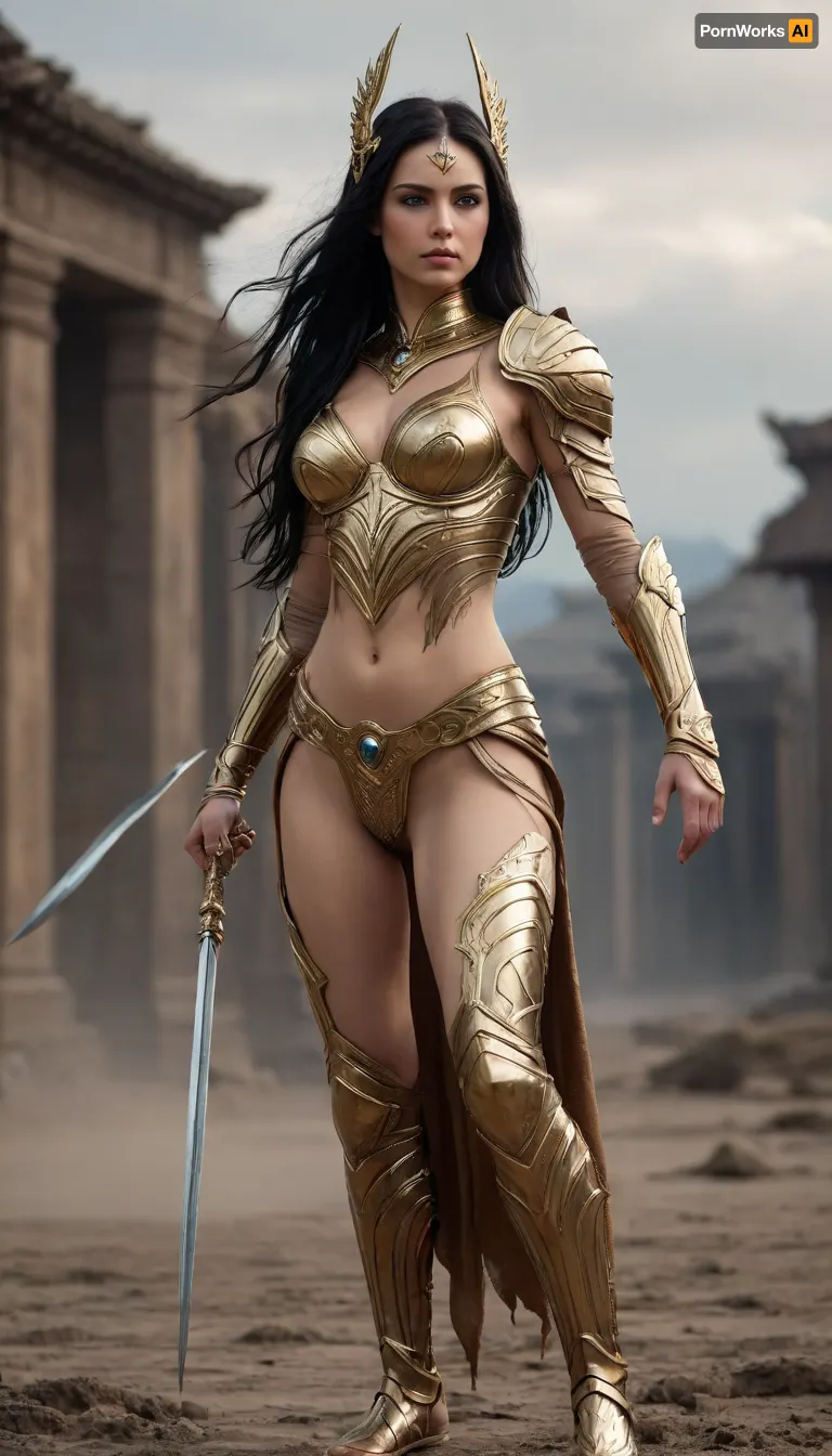 {{{high Resolution, realistic, cinematic, masterpiece, best quality, high details, extremely high quality, ultra high detail}}}, (Full body), 1girl, a stunning, tall, beautiful woman, blue eyes, long black hair flowing partially beneath her head circlet, long spear., ((She wearing majestic and futuristic full-body golden armor, with elegant and detailed designs, full of intricate ornaments and carvings)), flowing torn tattered robe, (Her breastplate is damaged, broken tattered, making her body partially naked, revealing her little perky breasts and her crotch), . The woman stand in fighting stance, dynamic pose, looking to the side, swinging her spear, on muddy ground, cloudy sky. Camera shot from beside.